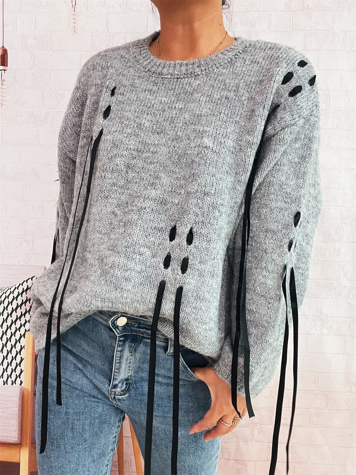 Round Neck Long Sleeve Sweater with Ribbon Details