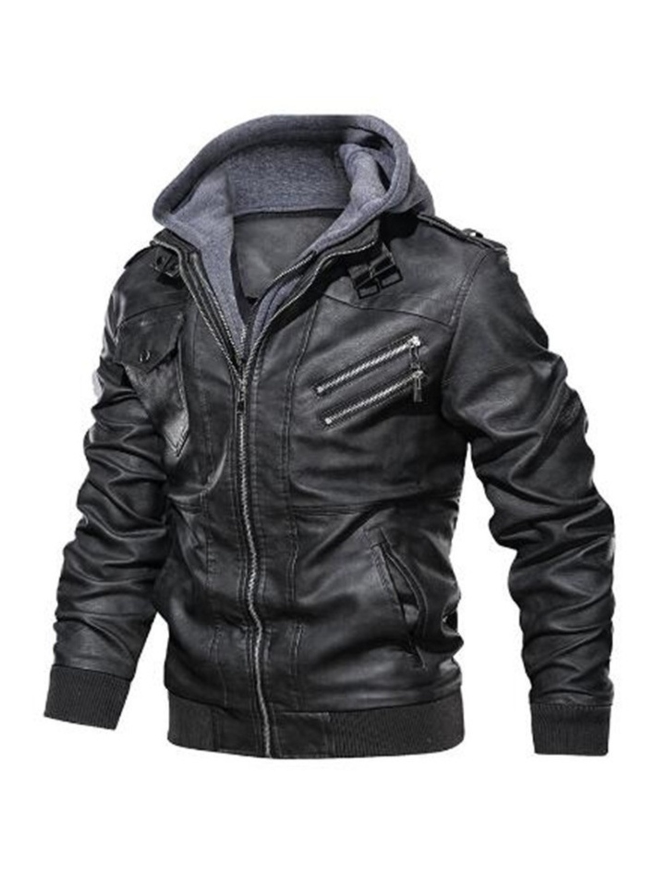 Men's Full Size Hooded Faux Leather Moto Jacket Plus Size