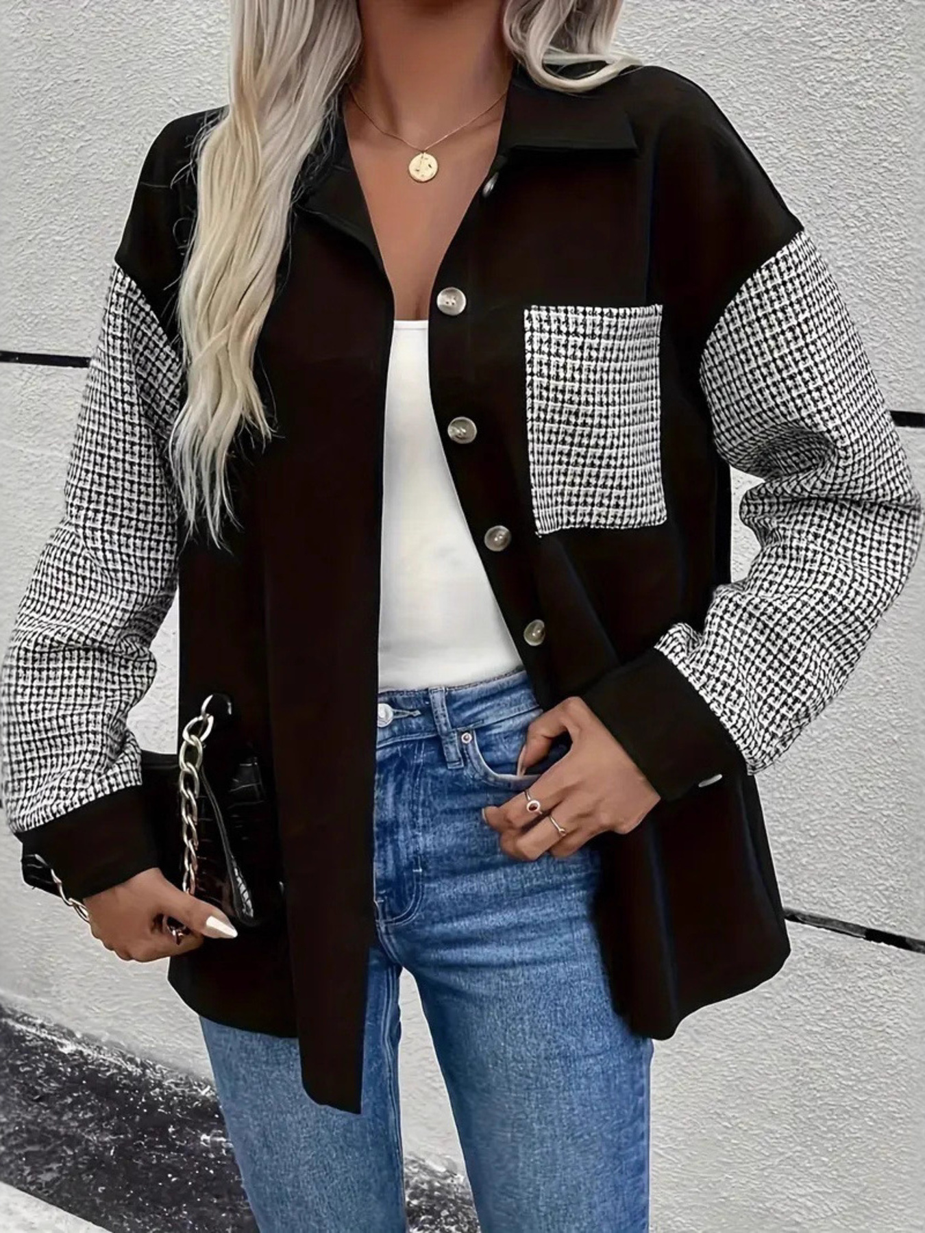 Houndstooth Contrast Button-Up Oversized Jacket