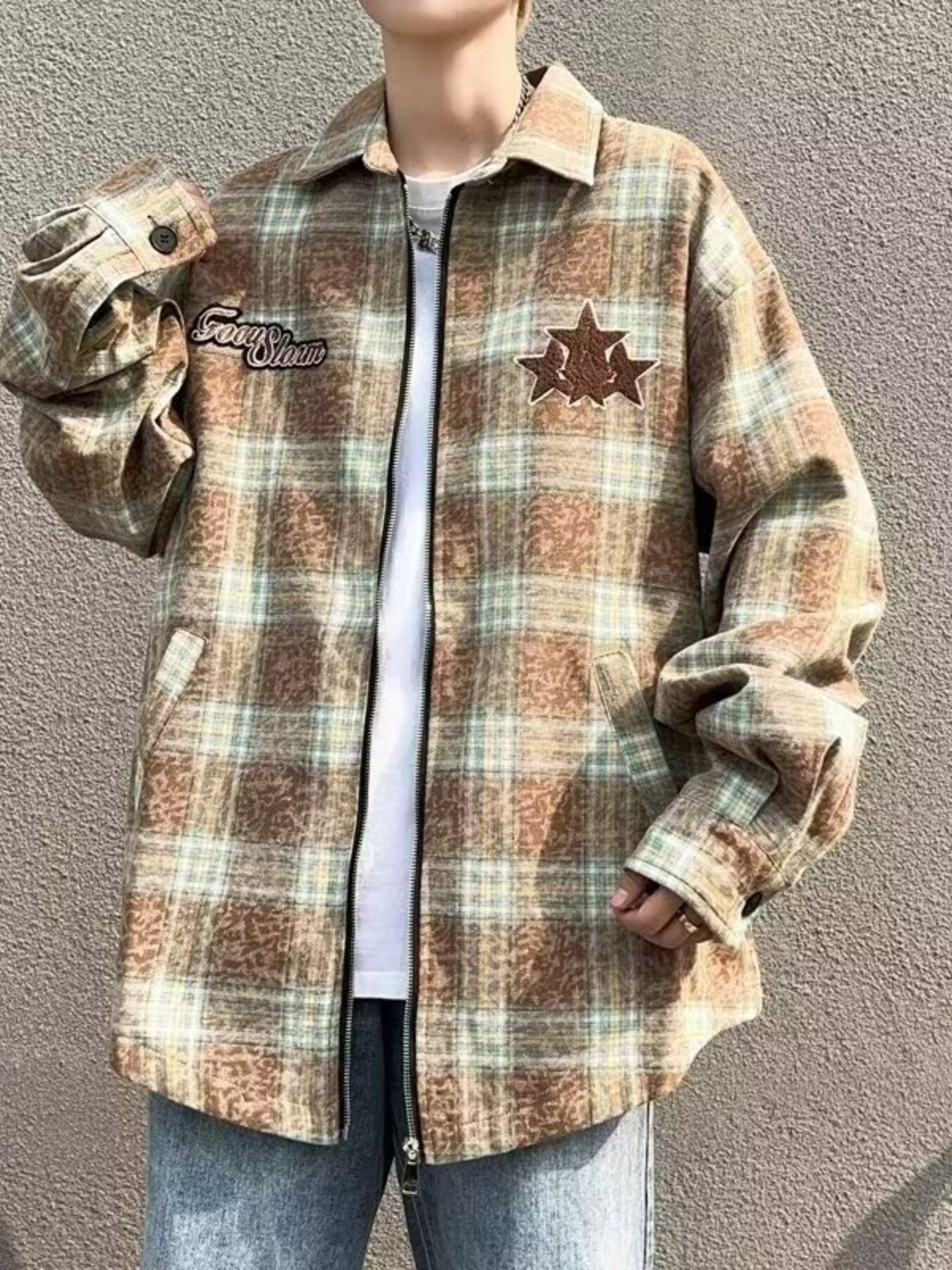 Men's Plaid Zip Up Long Sleeve Jacket