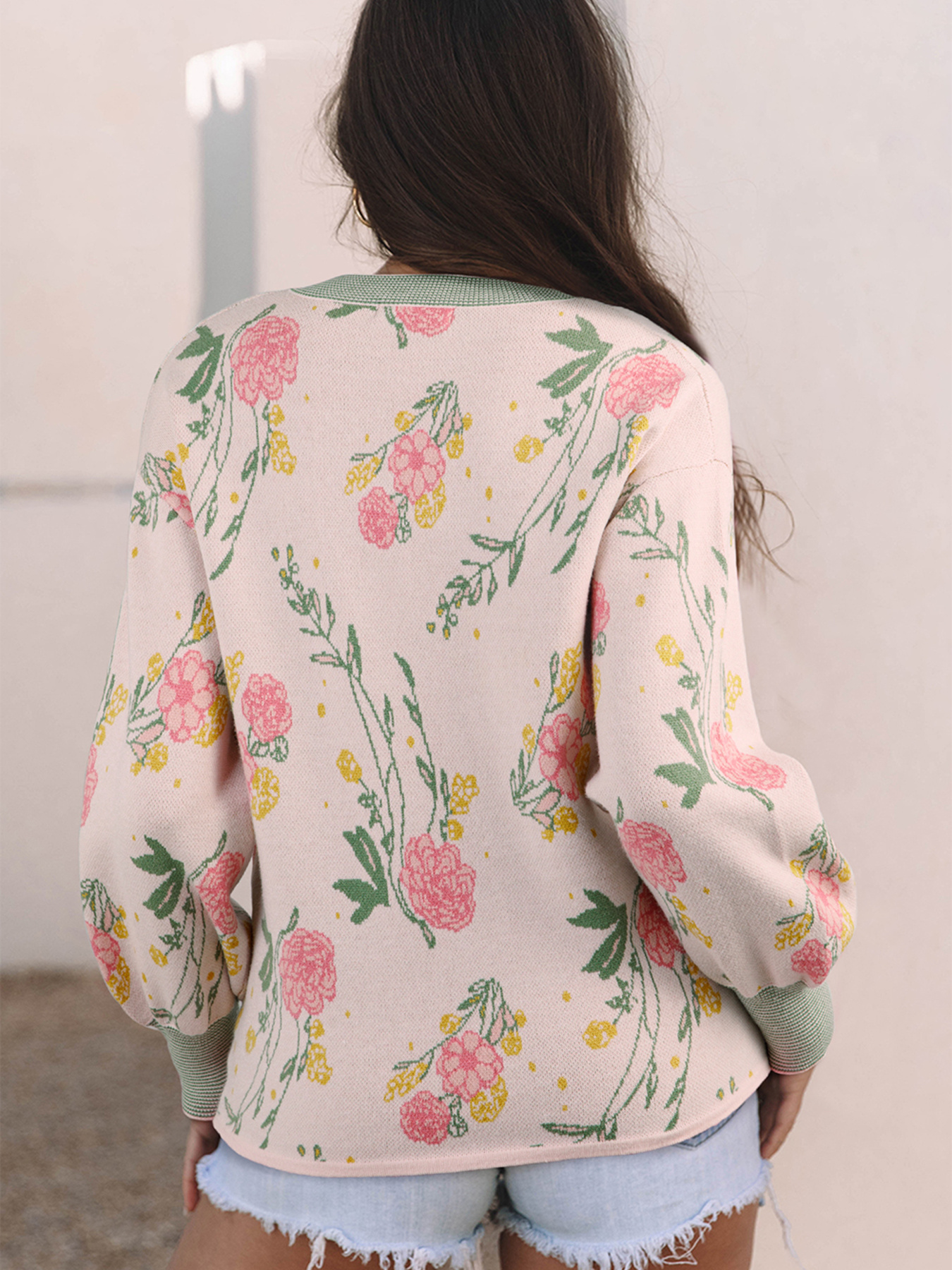 Floral Pattern Striped V Neck Loose Sweater