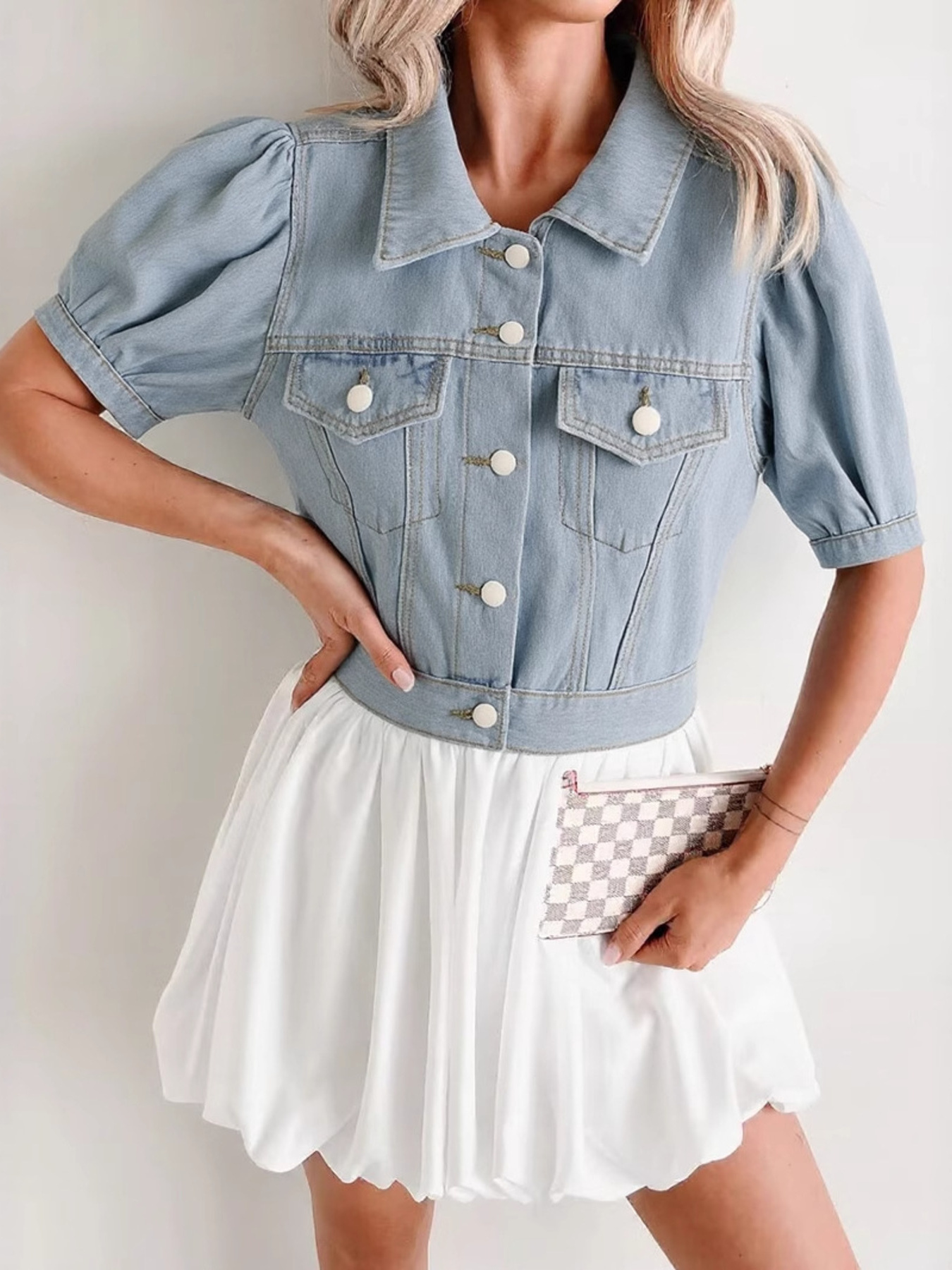 Button Up Puff Sleeve Cropped Denim Jacket