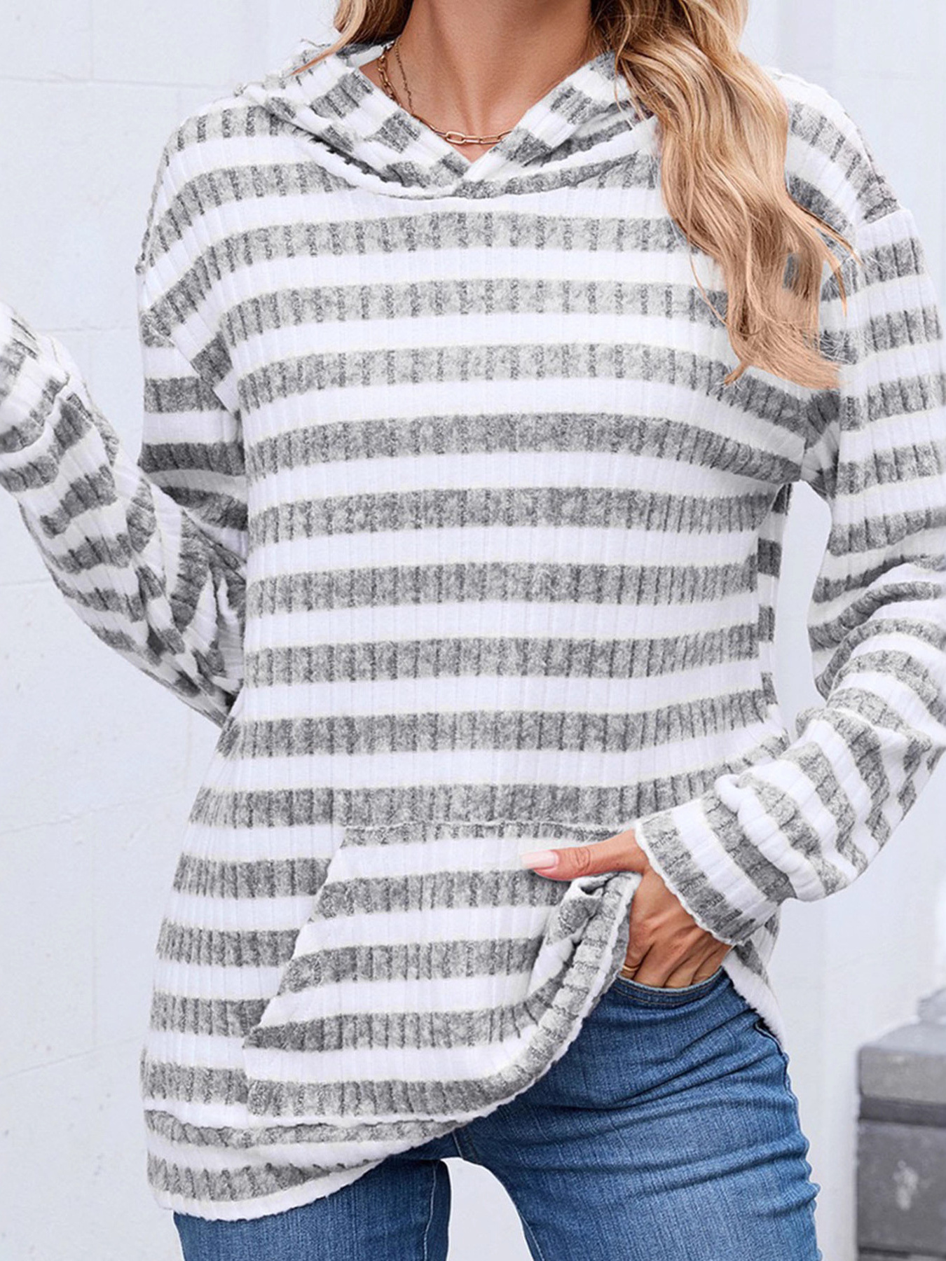 Striped Ribbed Knit Hoodie with Kangaroo Pocket
