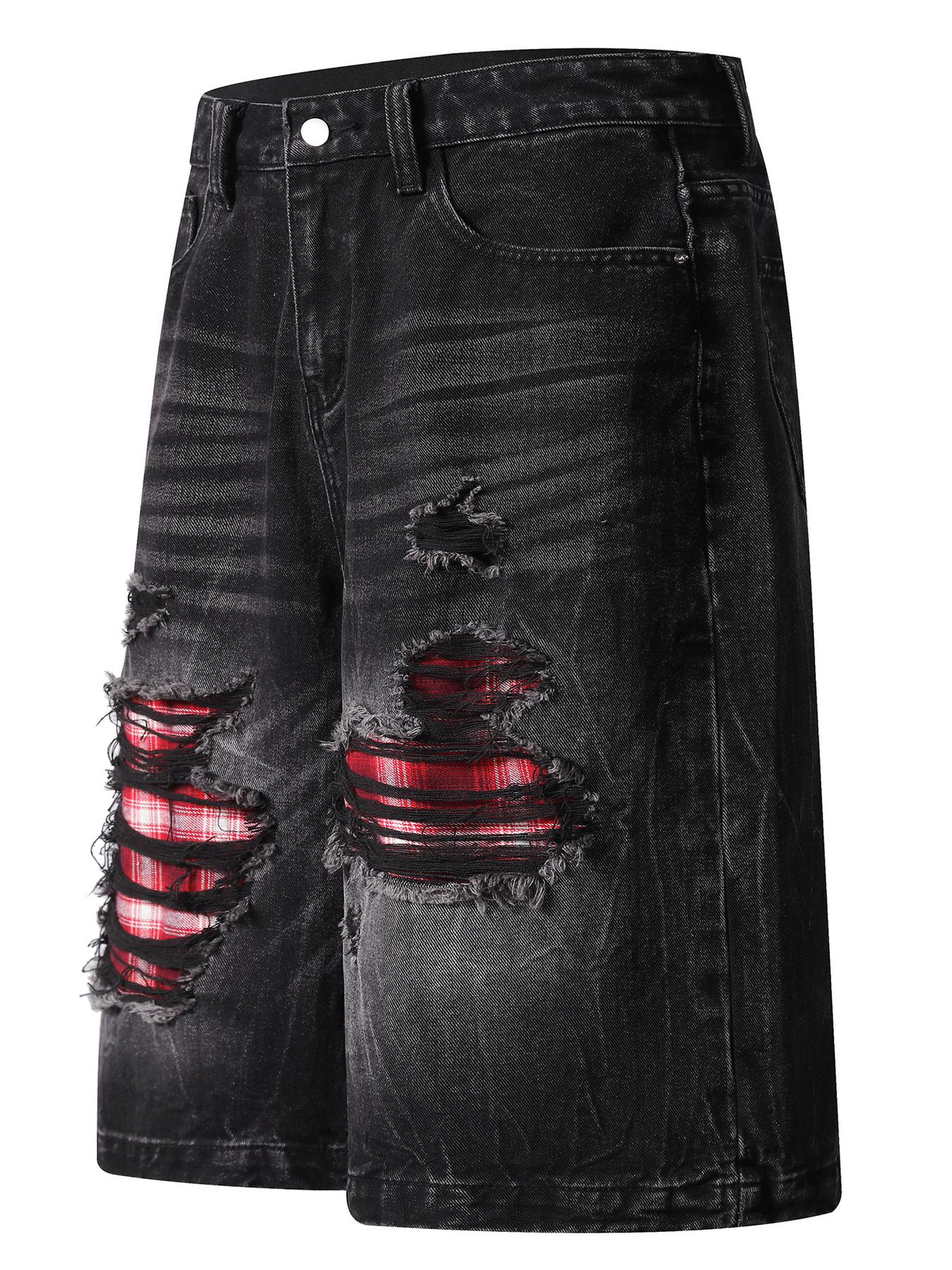 Men's Distressed Denim Shorts with Plaid Patches