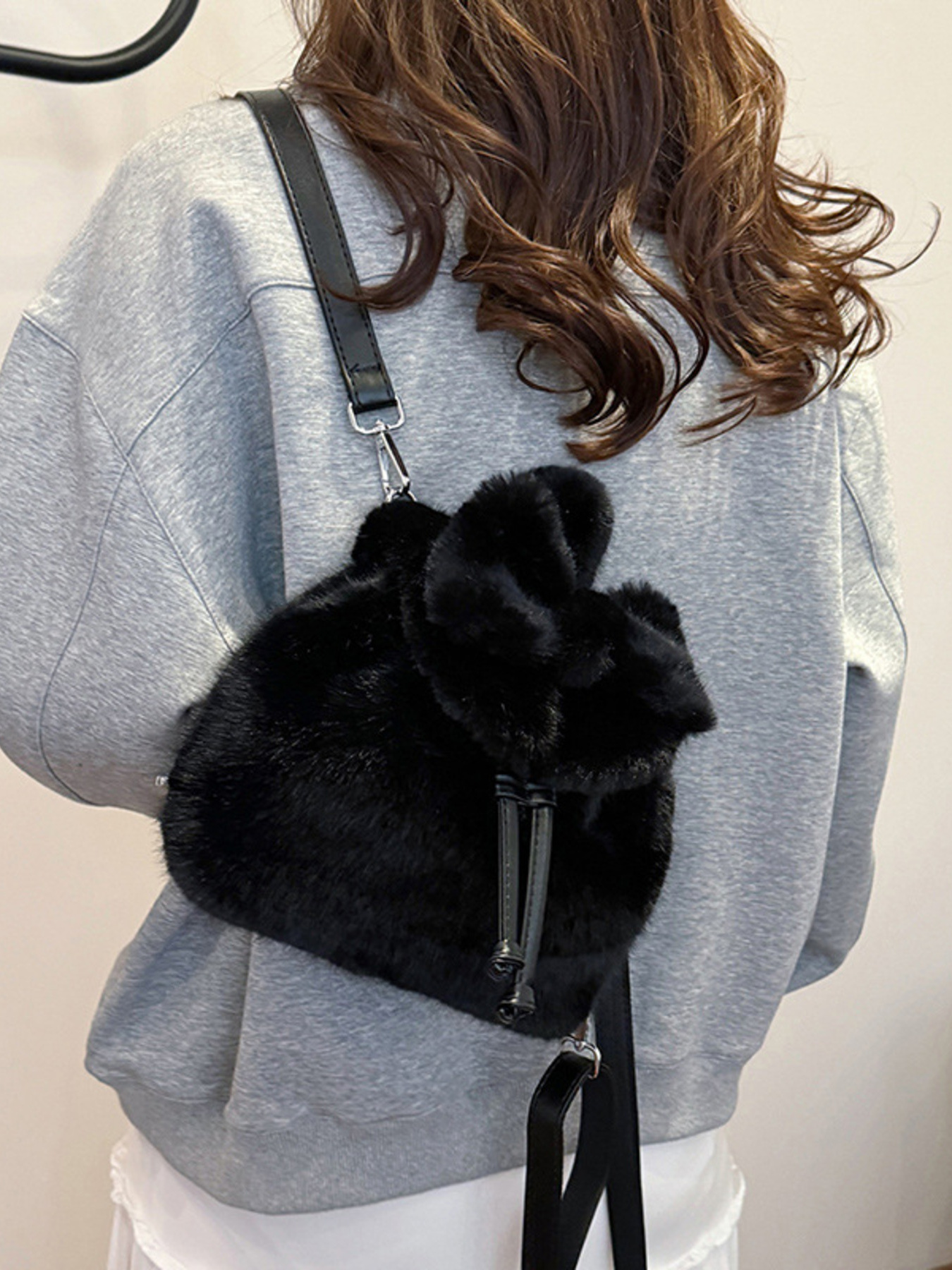 Fuzzy Plush Drawstring Backpack Bag