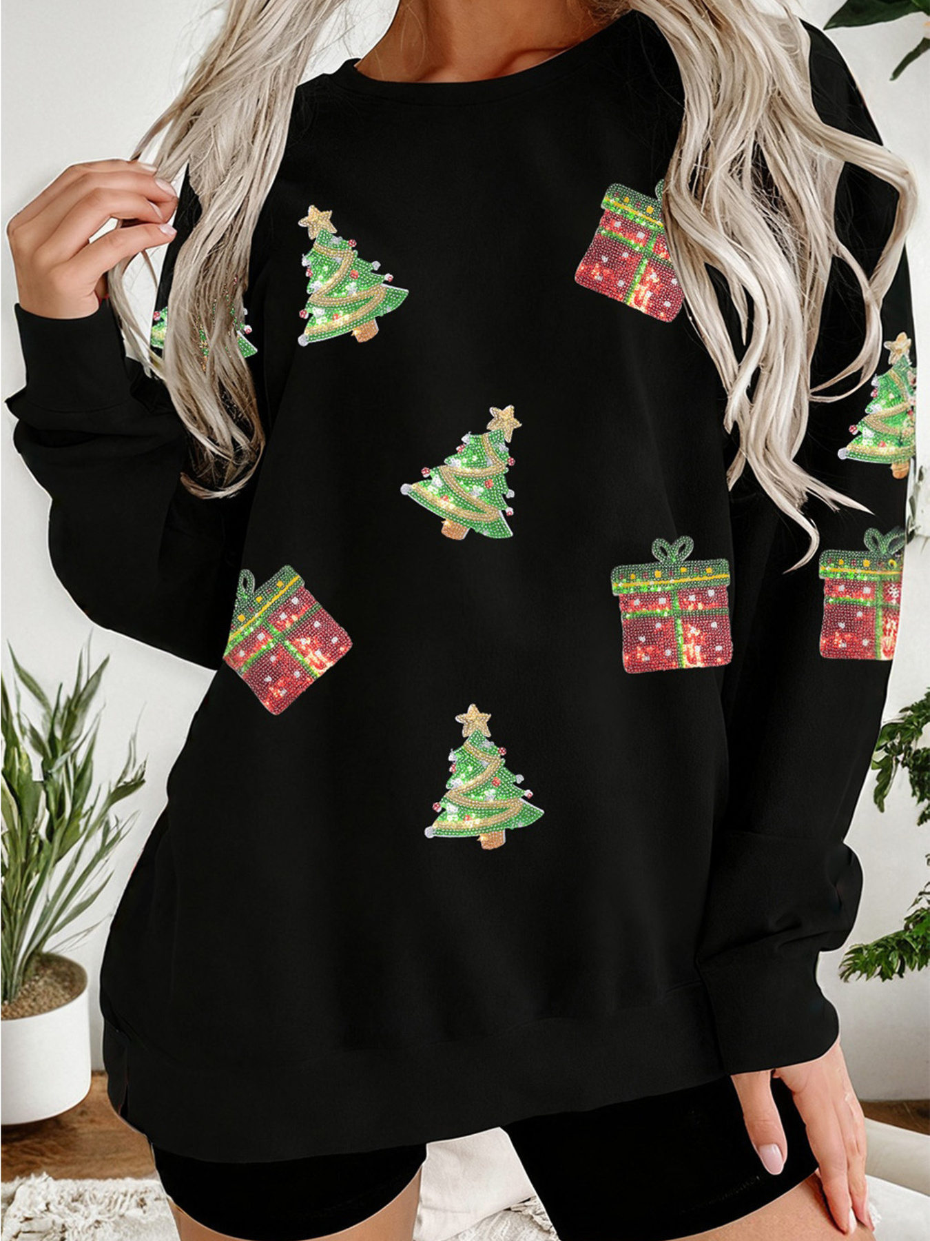 Sequin Christmas Trees Gifts Patched Drop Shoulder Sweatshirt