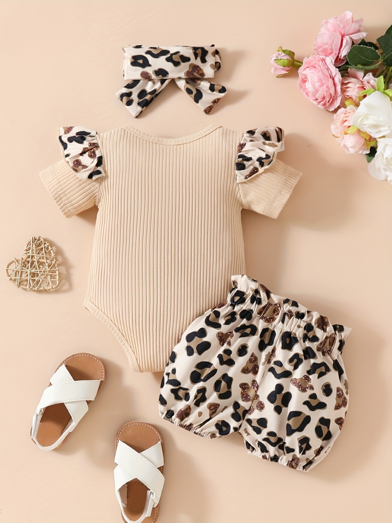 Children's Leopard Ruffled Bodysuit and Shorts Set with Headband