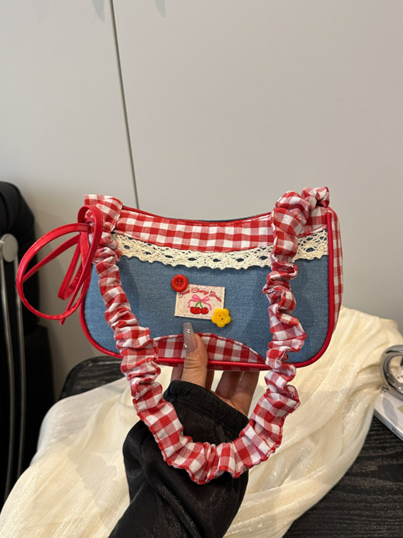 Cherry Plaid Strap Crossbody Bag
