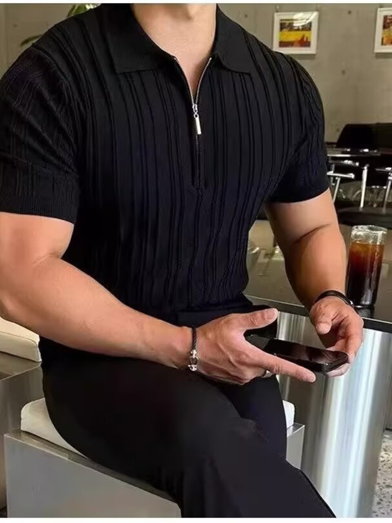 Men's Full Size Slim Fit Zip Collar Short Sleeve Polo Plus Size