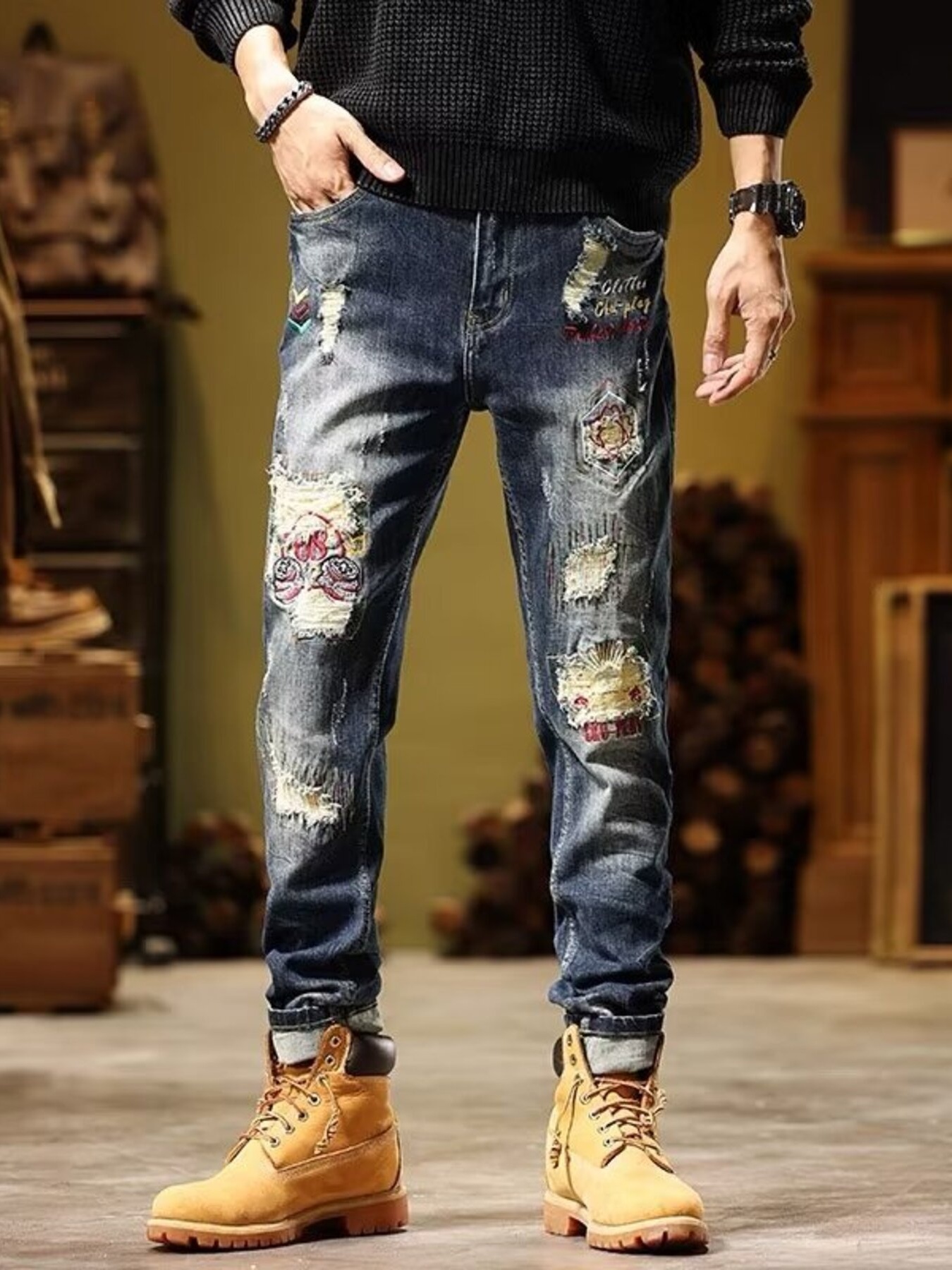 Men's Full Size Distressed Wash Slim Fit Jeans Plus Size