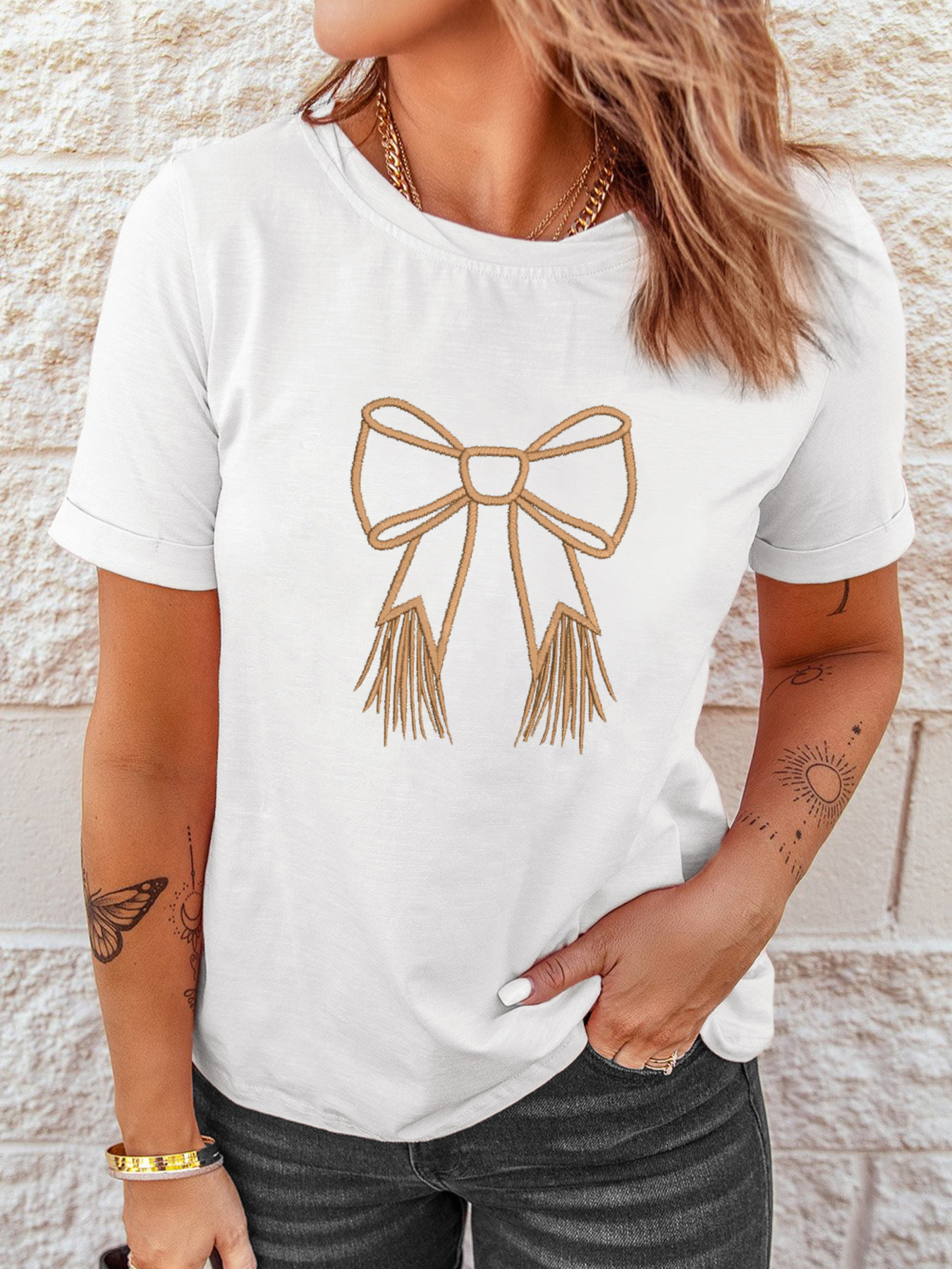 Bowknot Western Round Neck T Shirt