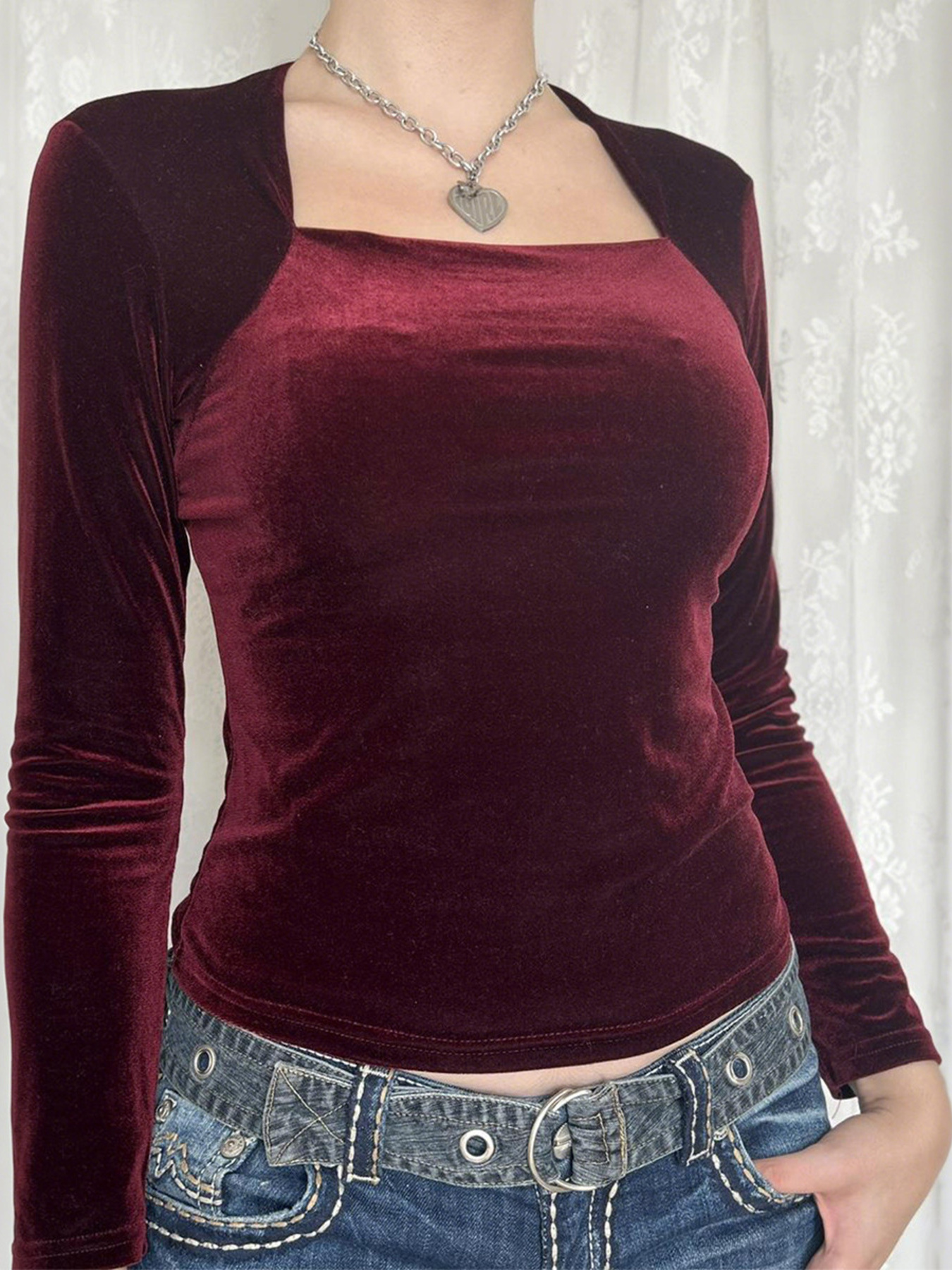 Velvet Long Sleeve Square Neck T-Shirt