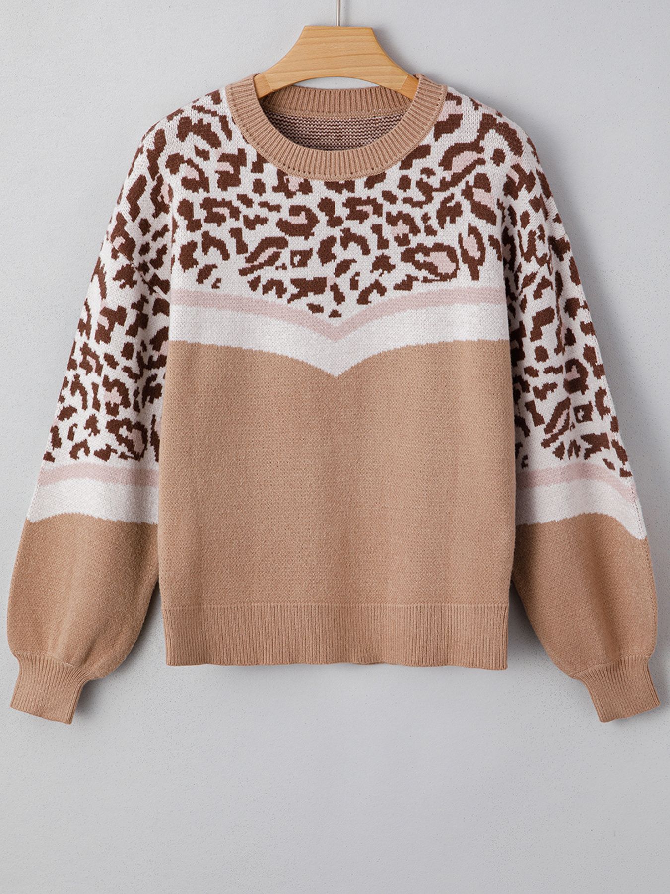 Leopard Color Block Knit Round Neck Baggy Sweater