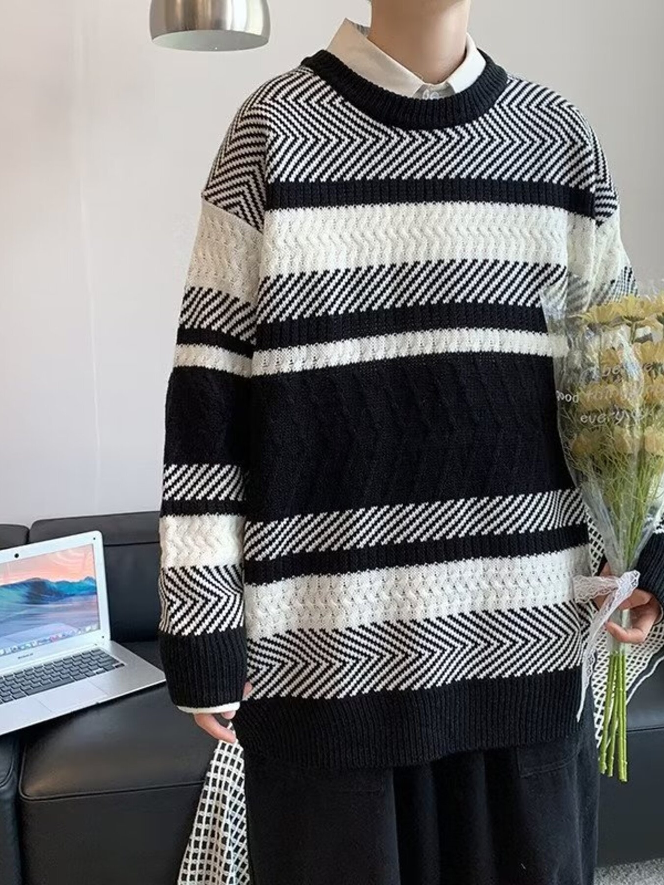 Men's Striped Textured Knit Pullover Sweater