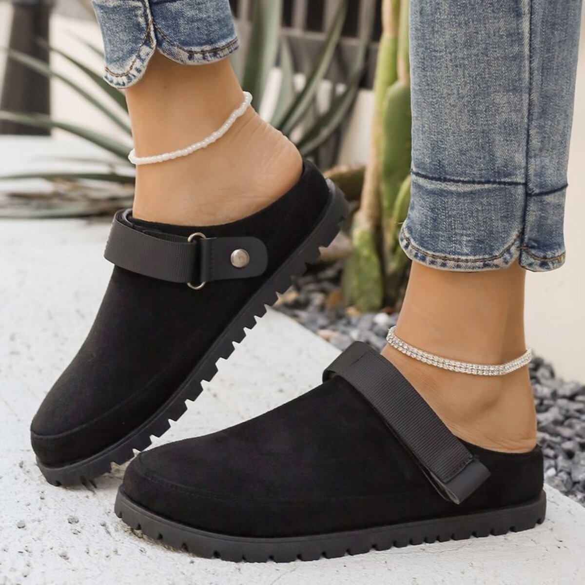 Suede Slip-On Mule Loafers with Adjustable Strap