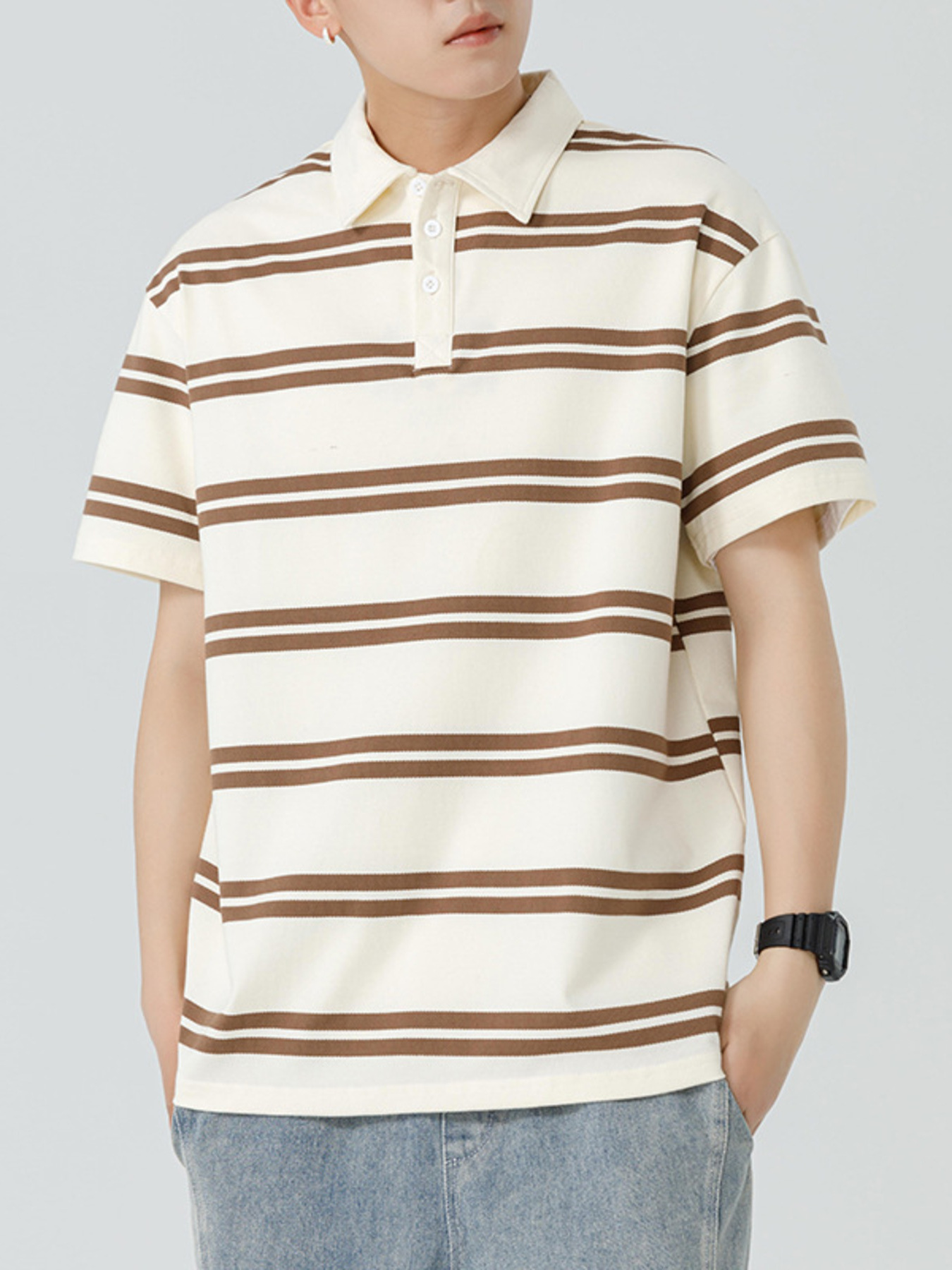 Men's Plus Size Striped Button Detail Short Sleeve Polo
