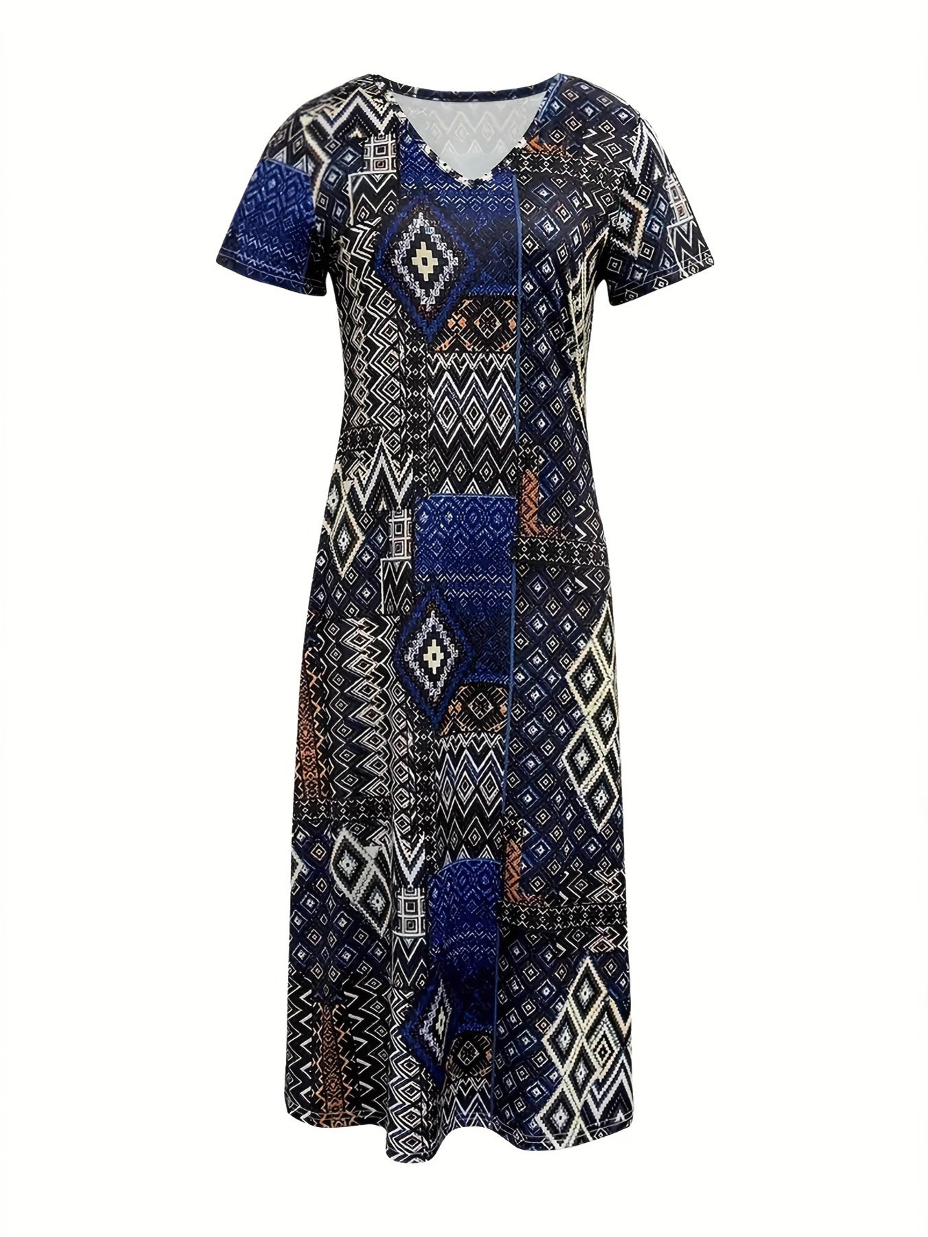 Plus Size Geometric Print V-Neck Short Sleeve Dress