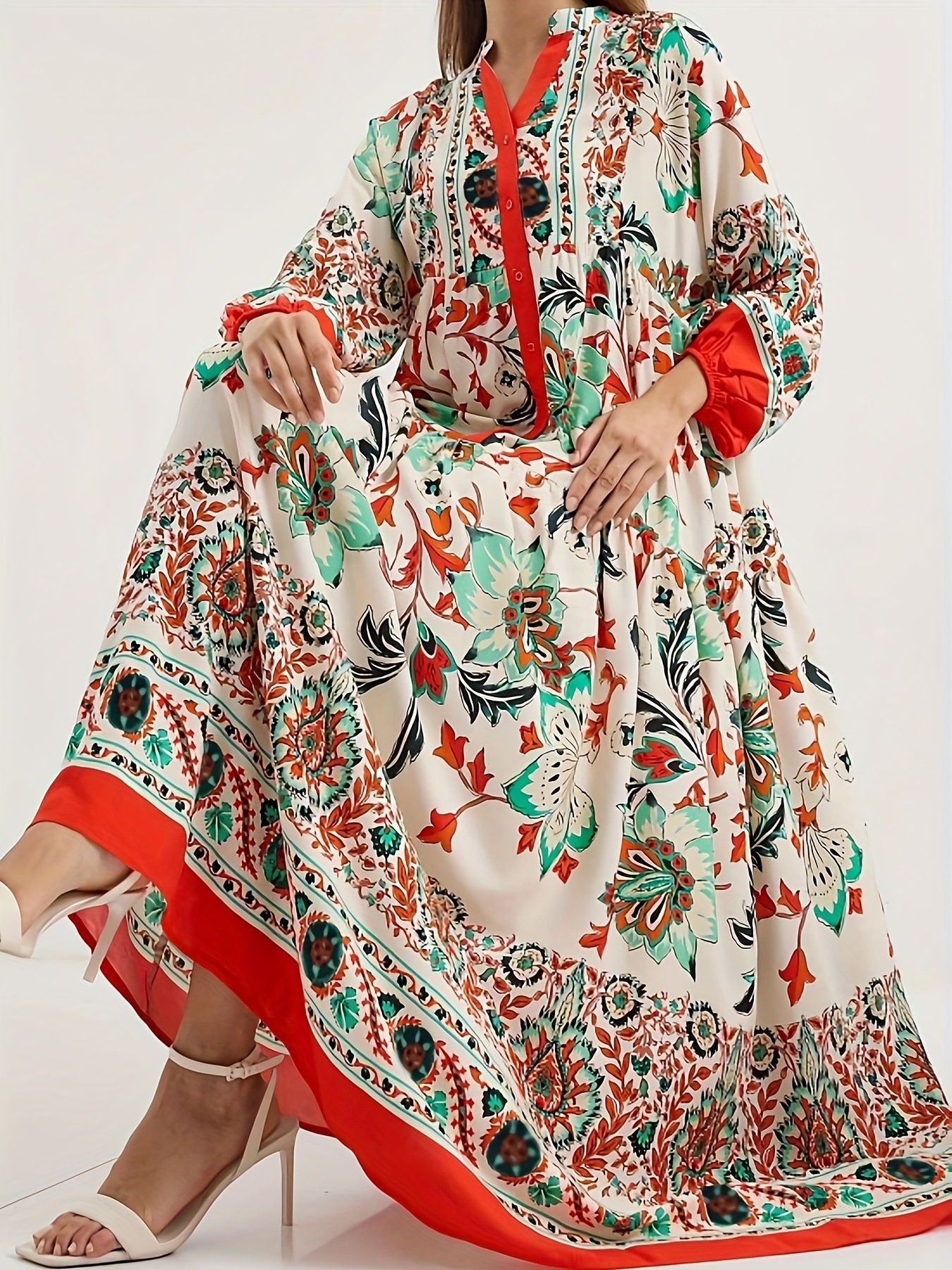 Printed Notched Long Sleeve Maxi Dress