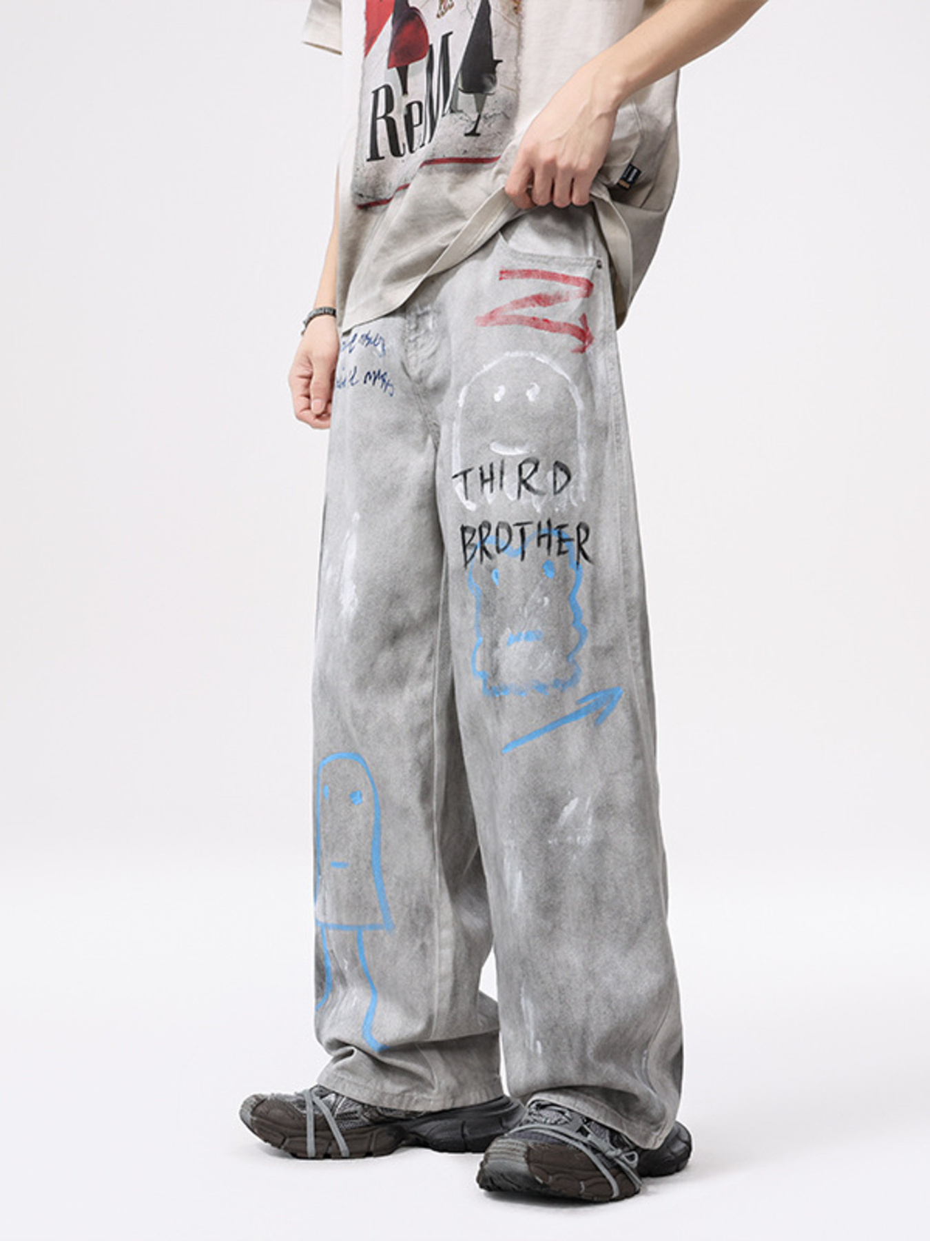Men's Distressed Graffiti Print Wide Leg Jeans