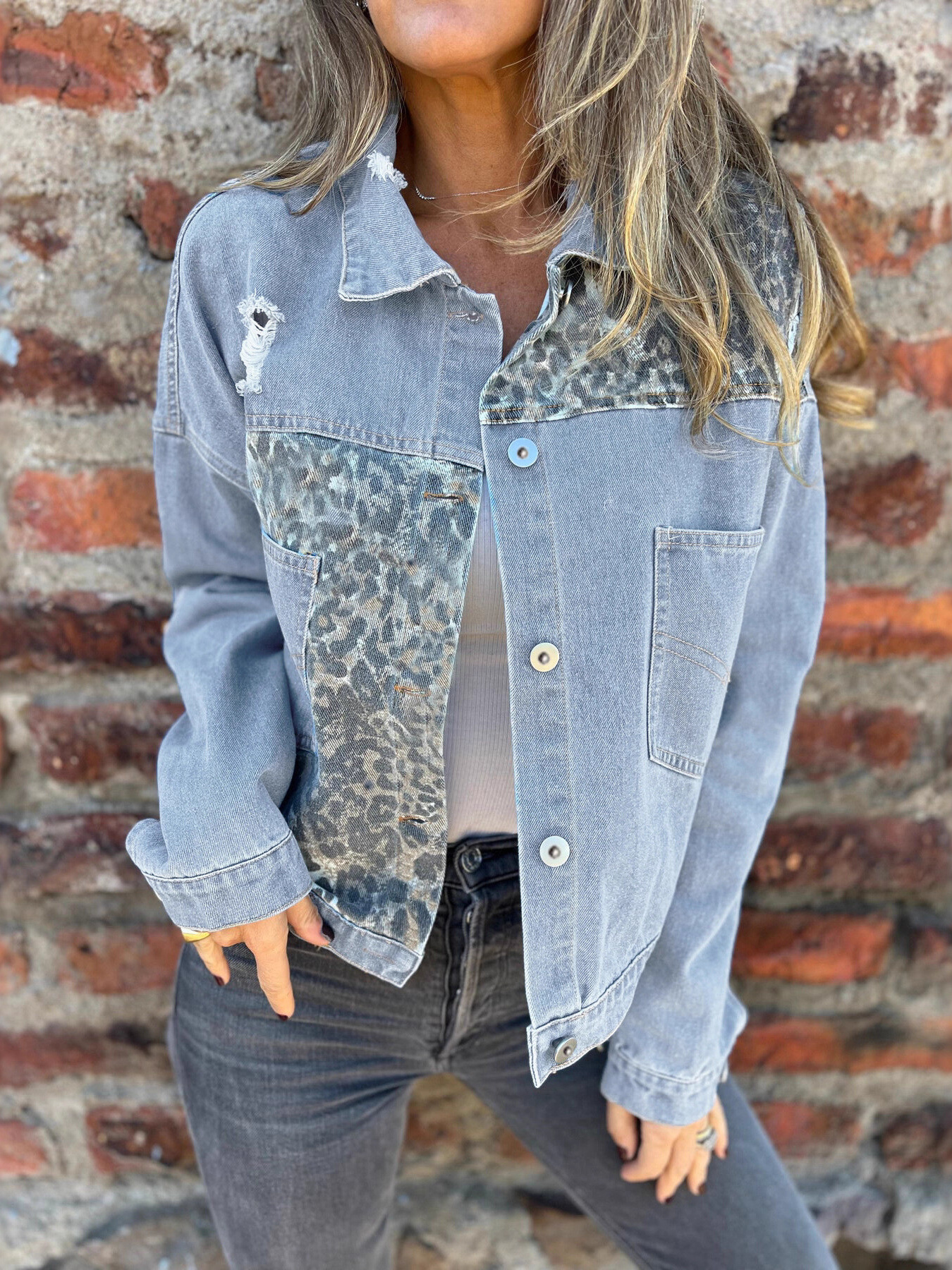 Full Size Leopard Button Up Denim Jacket Plus Size