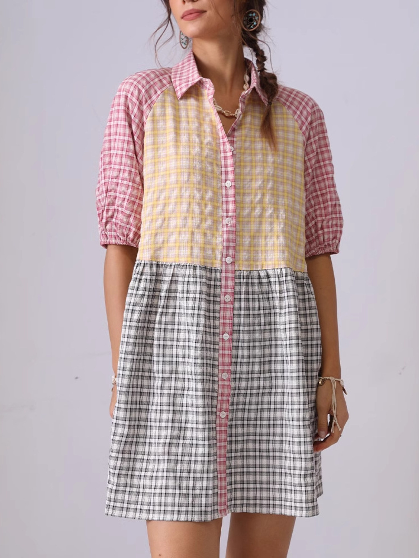Colorful Mixed Gingham Shirt Dress