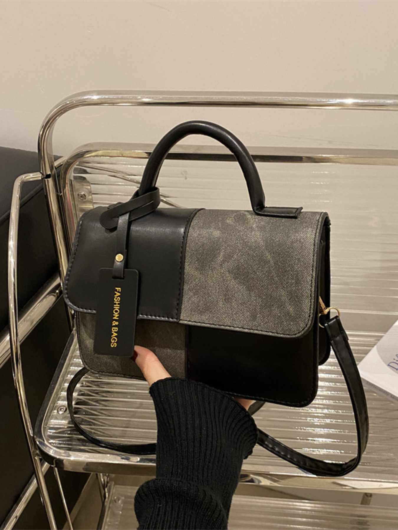 Color Block Flap Crossbody Bag with Top Handle