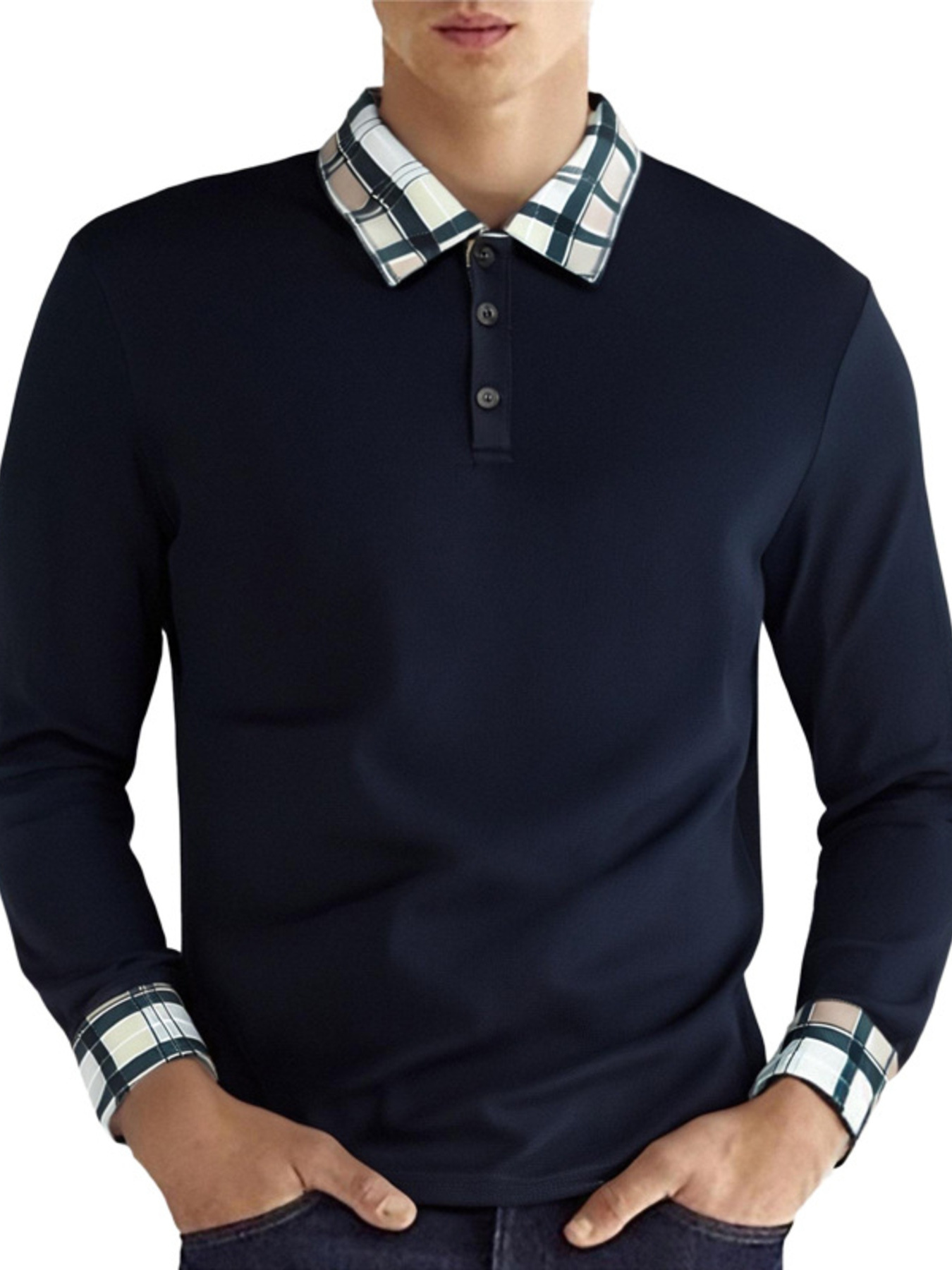 Men's Long Sleeve Plaid Collar Polo Shirt