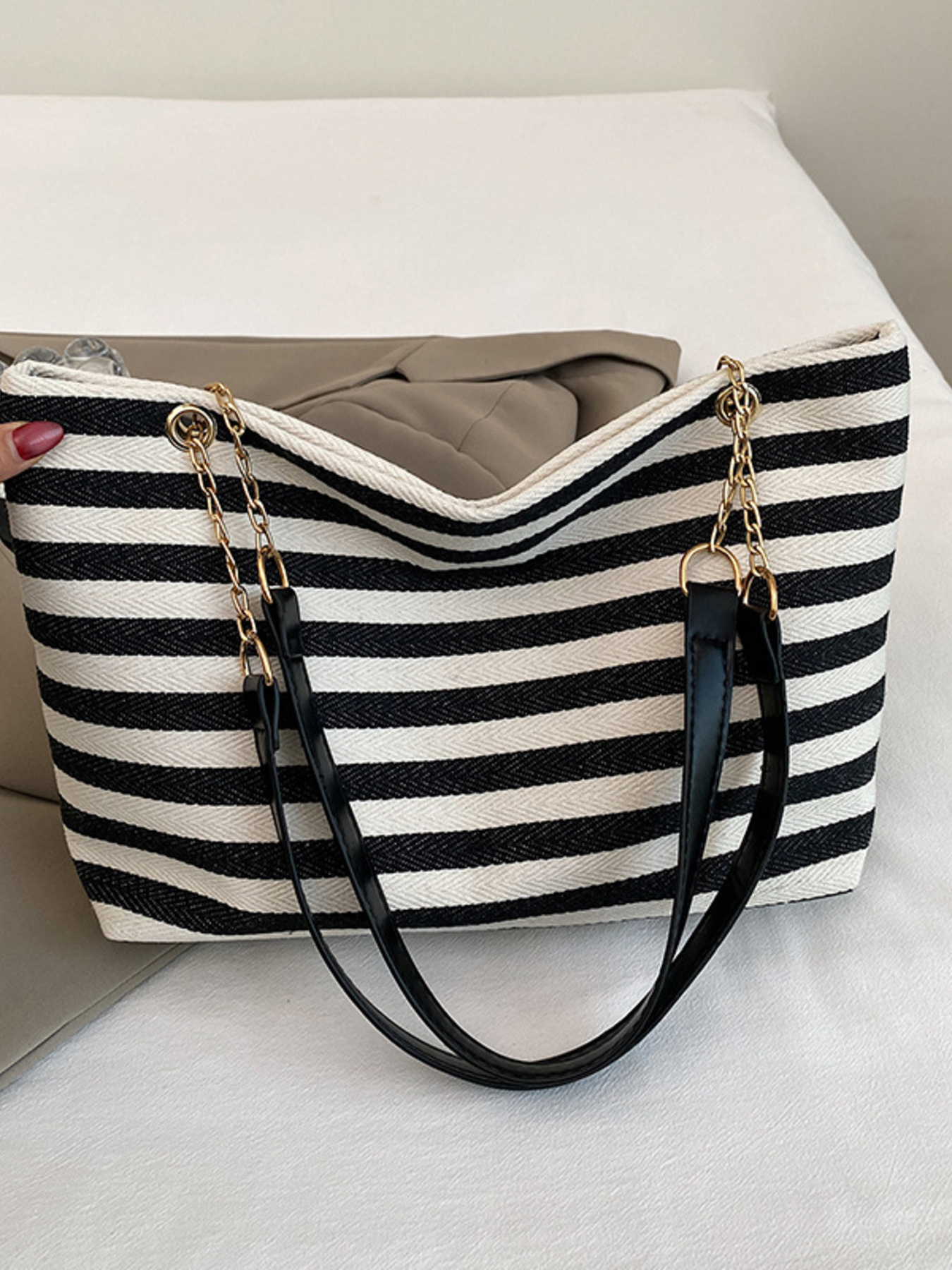 Striped Shoulder Bag with Chain Detail