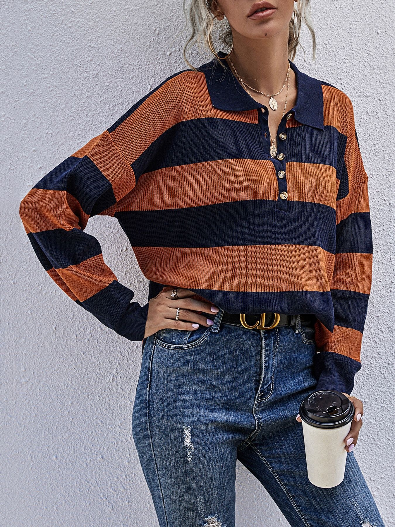 Striped Button Detail Dropped Shoulder Knit Top