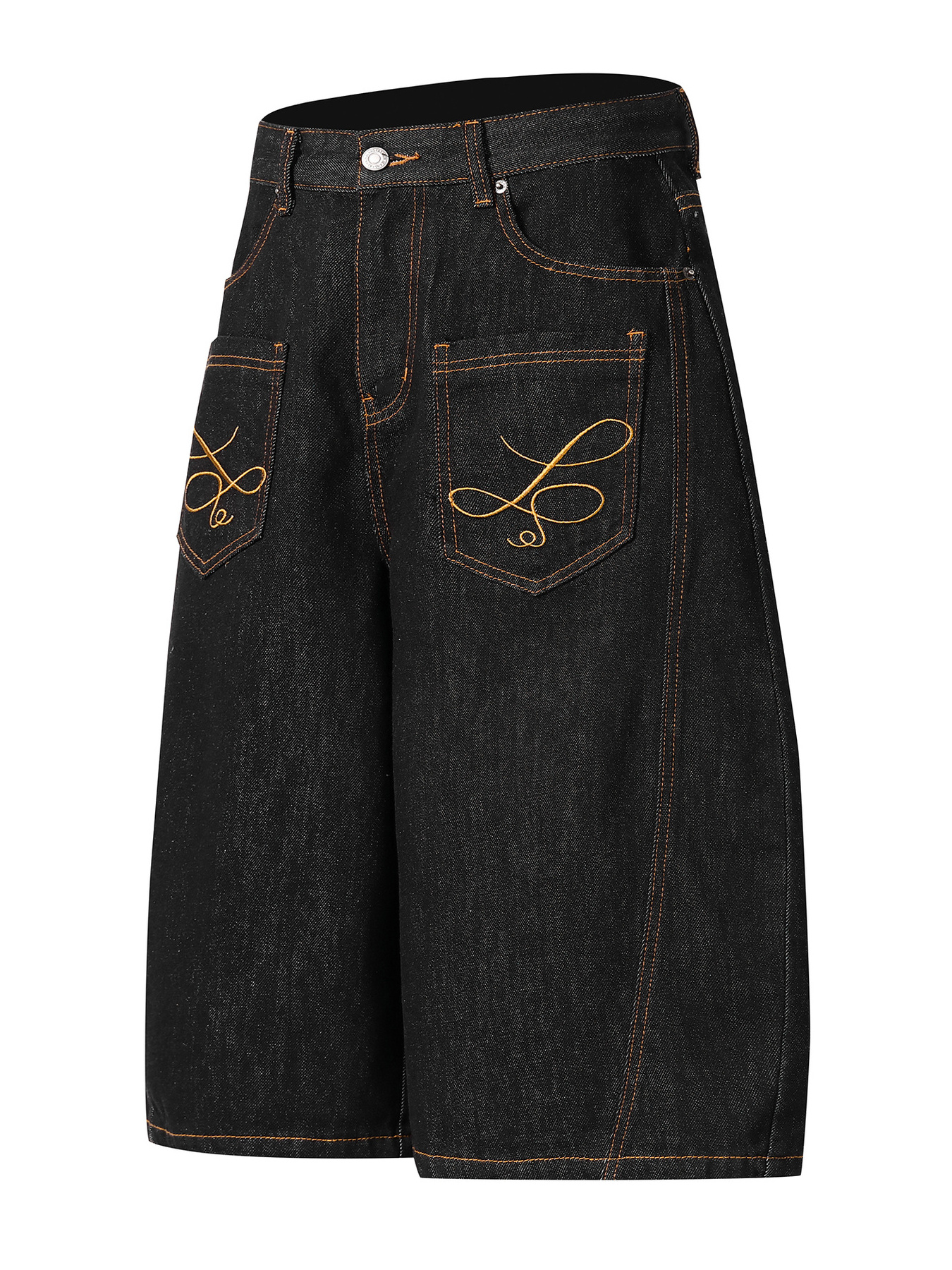 Men's Wide Leg Denim Shorts with Embroidered Pocket Detail