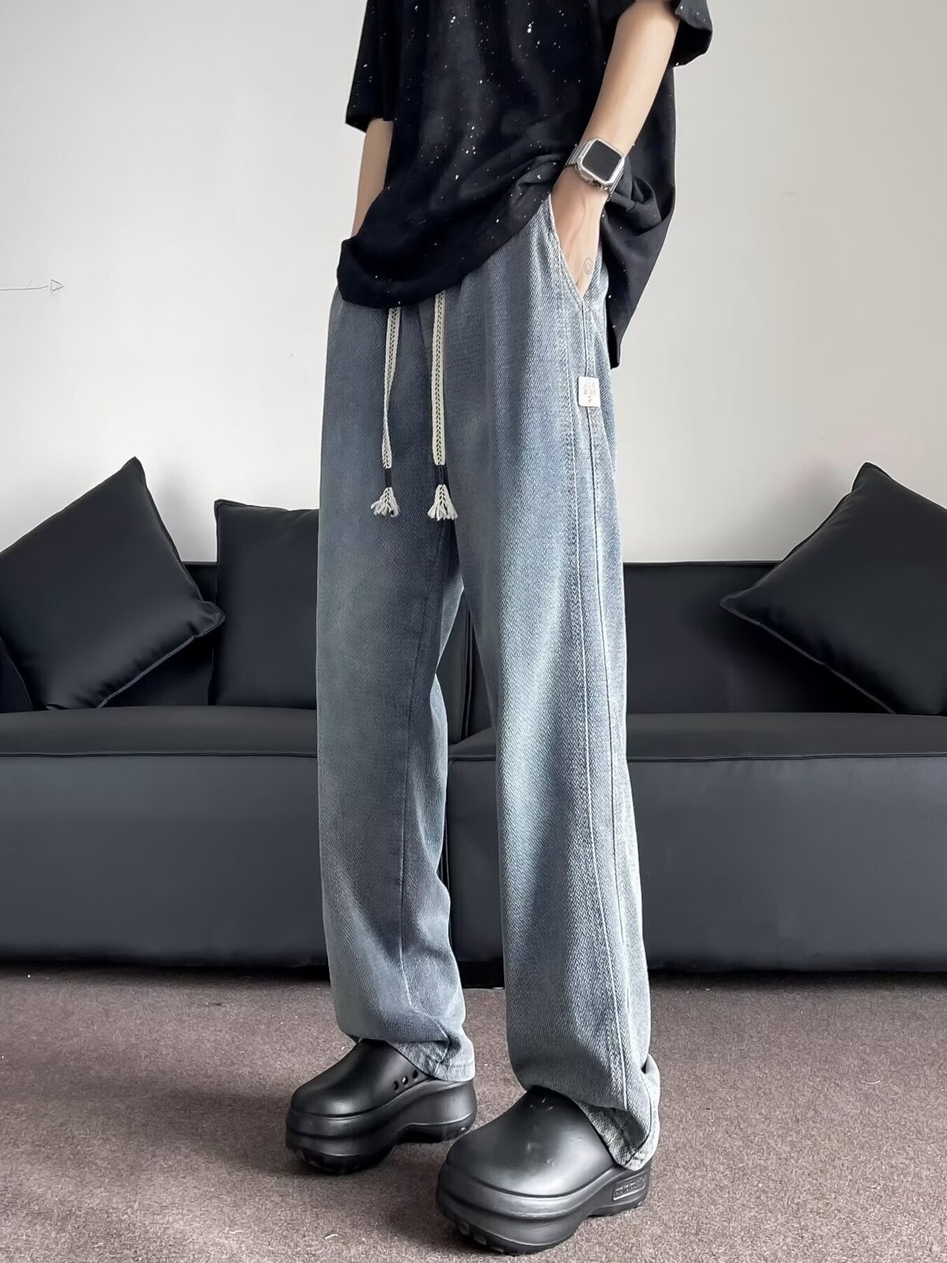 Men's Plus Size Drawstring Washed Wide Leg Jeans