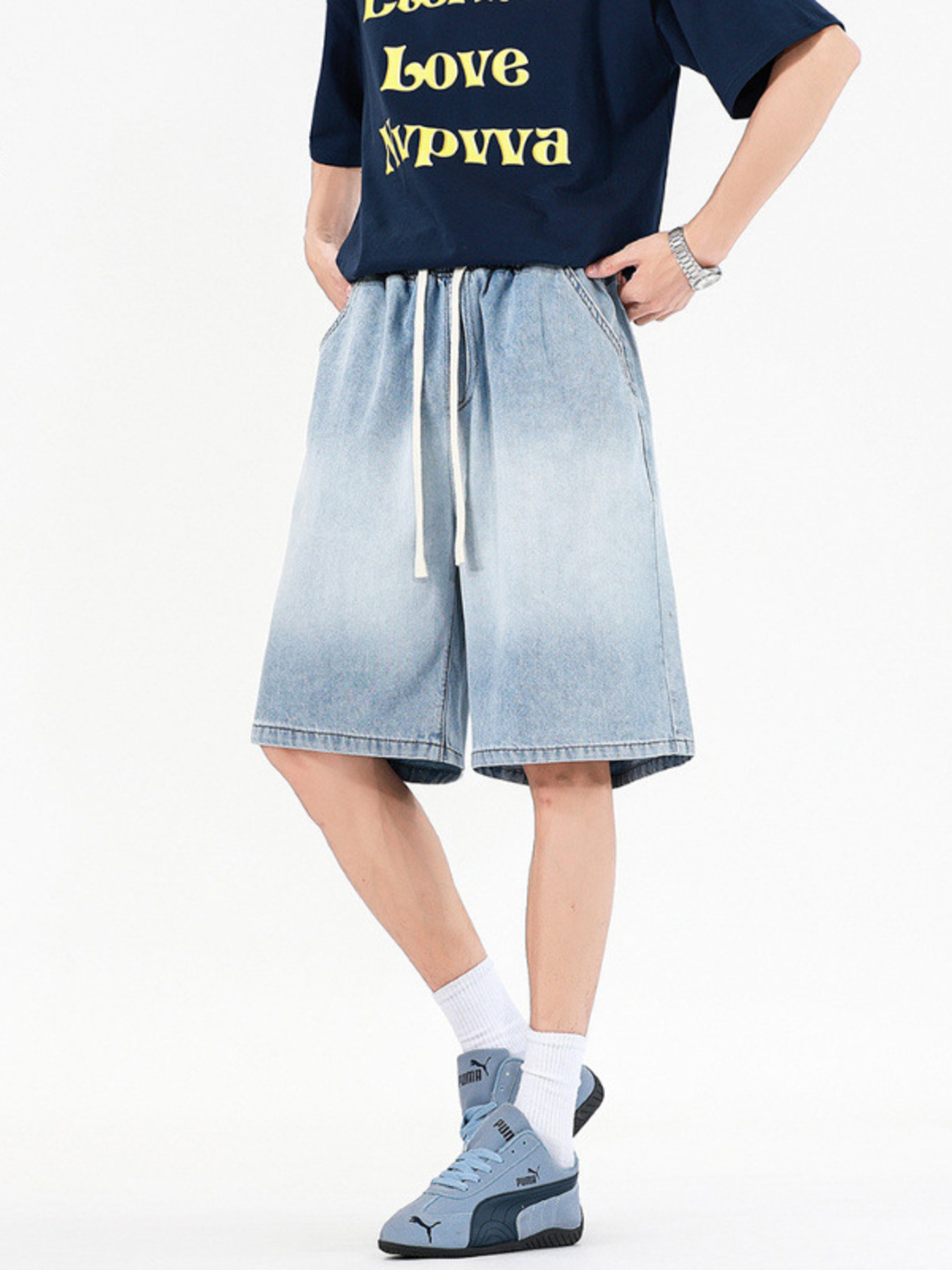 Men's Full Size Drawstring Loose Fit Denim Shorts Plus Size