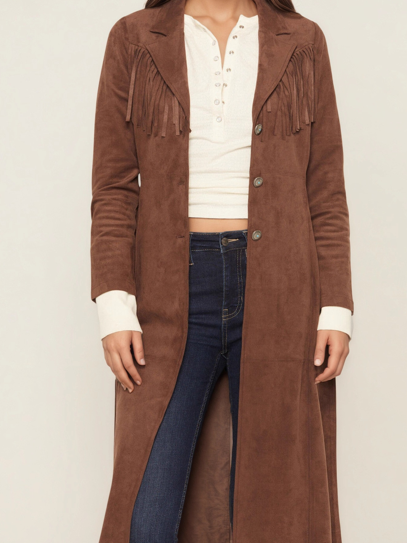 Fringe Lapel Collar Long Sleeve Coat