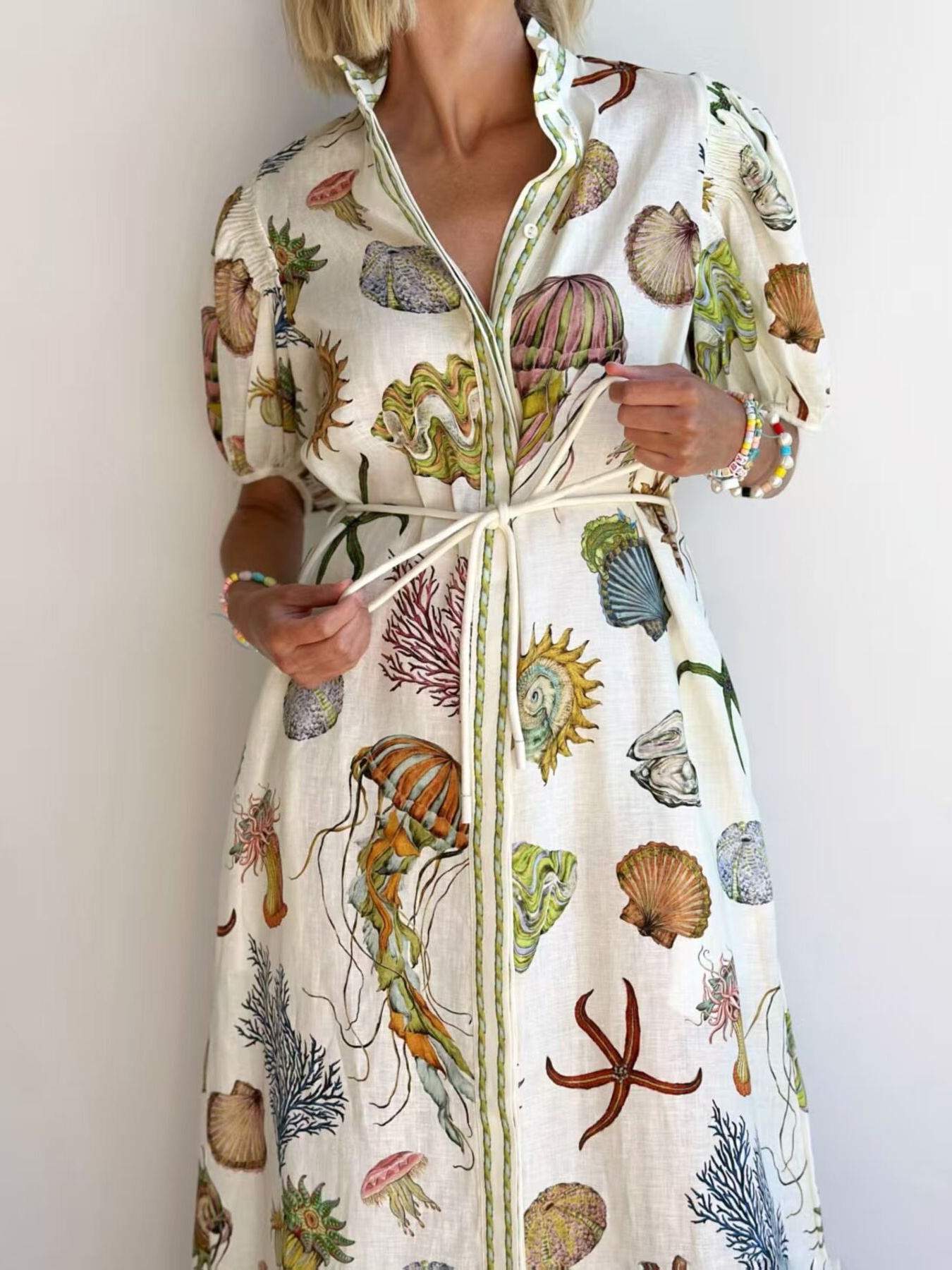 Printed Short Sleeve Shirt Dress