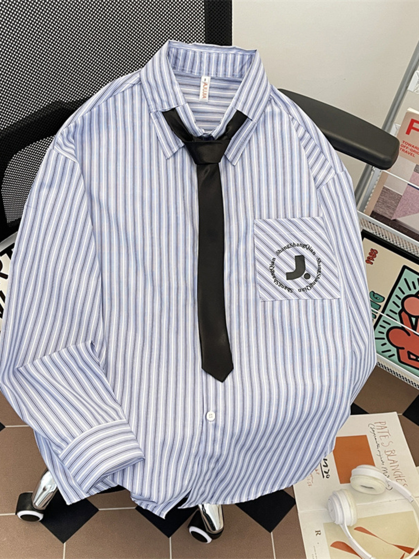 Men's Plus Size Striped Button-Down Shirt with Tie