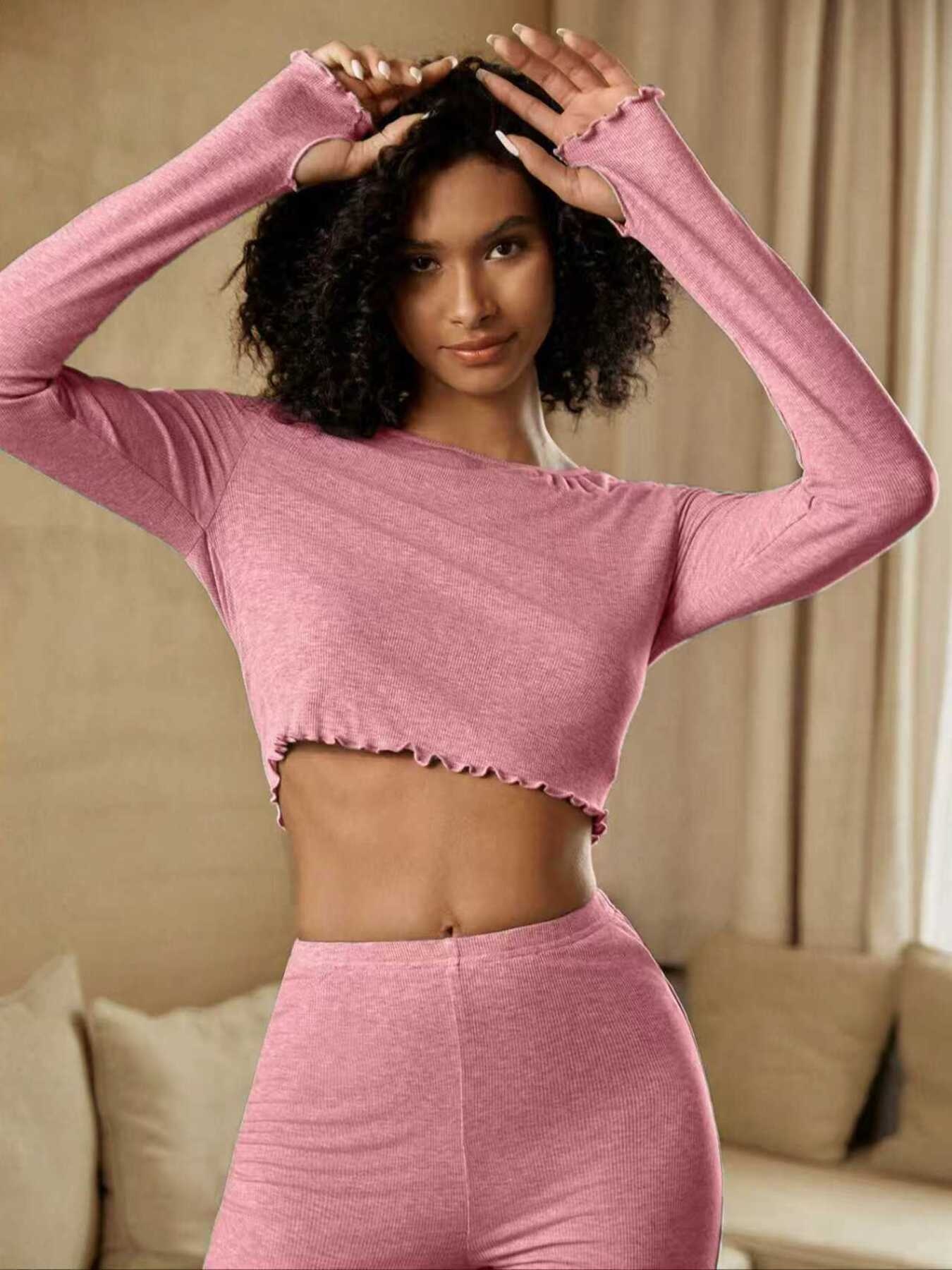 Round Neck Long Sleeve Top and Pants Set