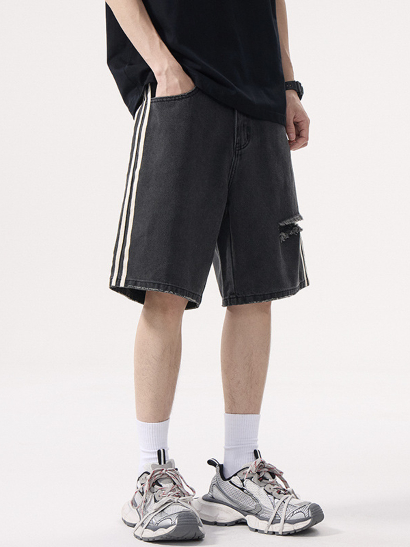 Men's Distressed Side Striped Denim Shorts