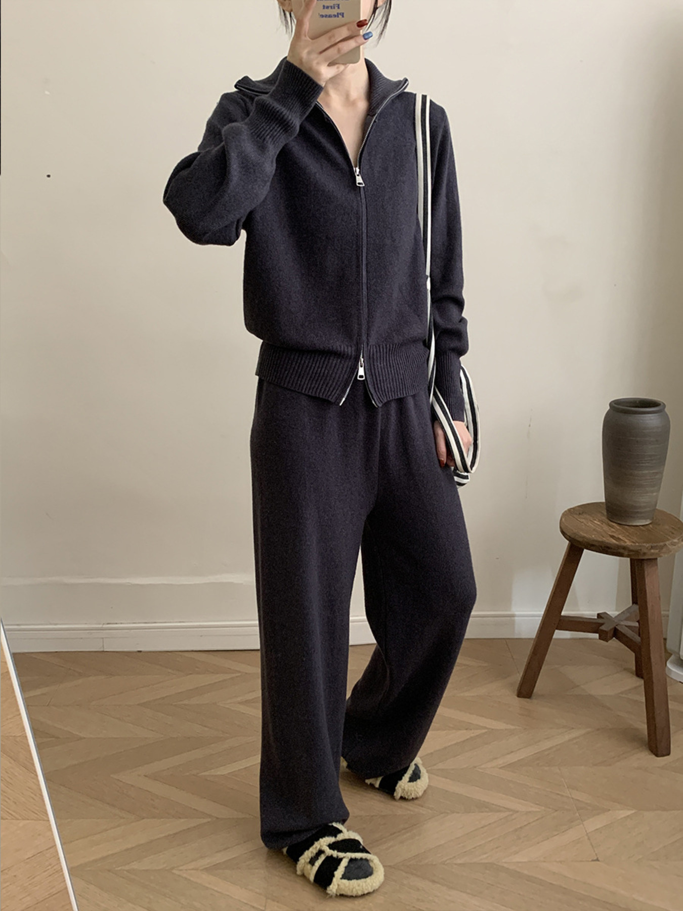 Zip Up Outerwear And Wide Leg Pants Set
