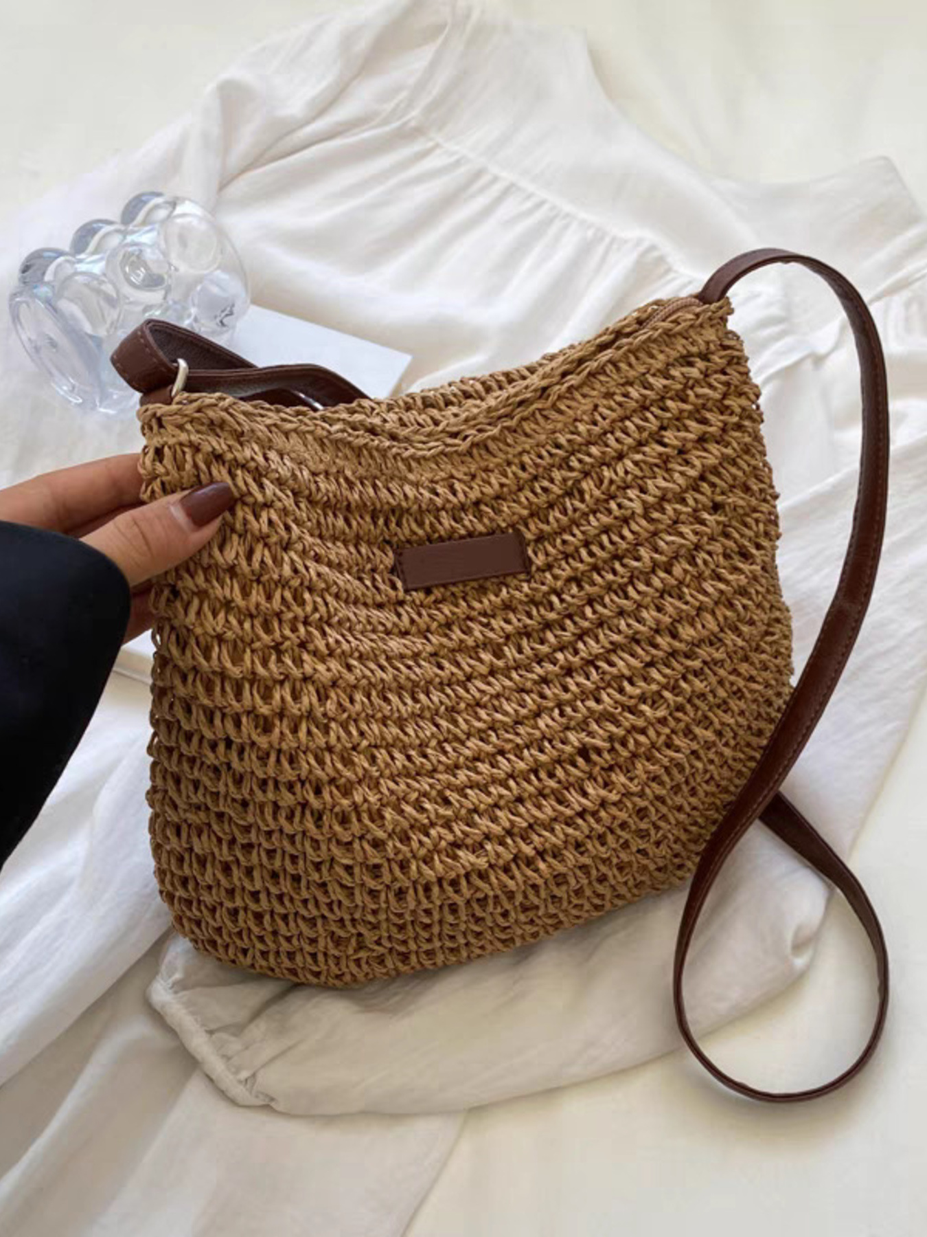 Woven Straw Adjustable Strap Crossbody Bag