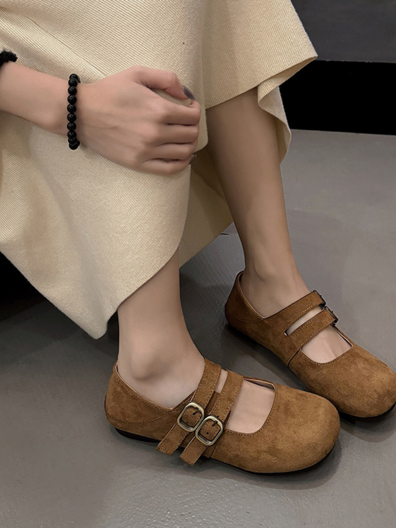 Double Buckle Straps Round Toe Slip-Ons