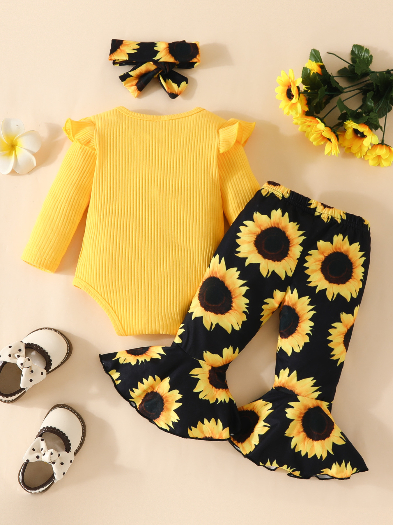 Children's Ruffled Ribbed Top and Sunflower Pants Set