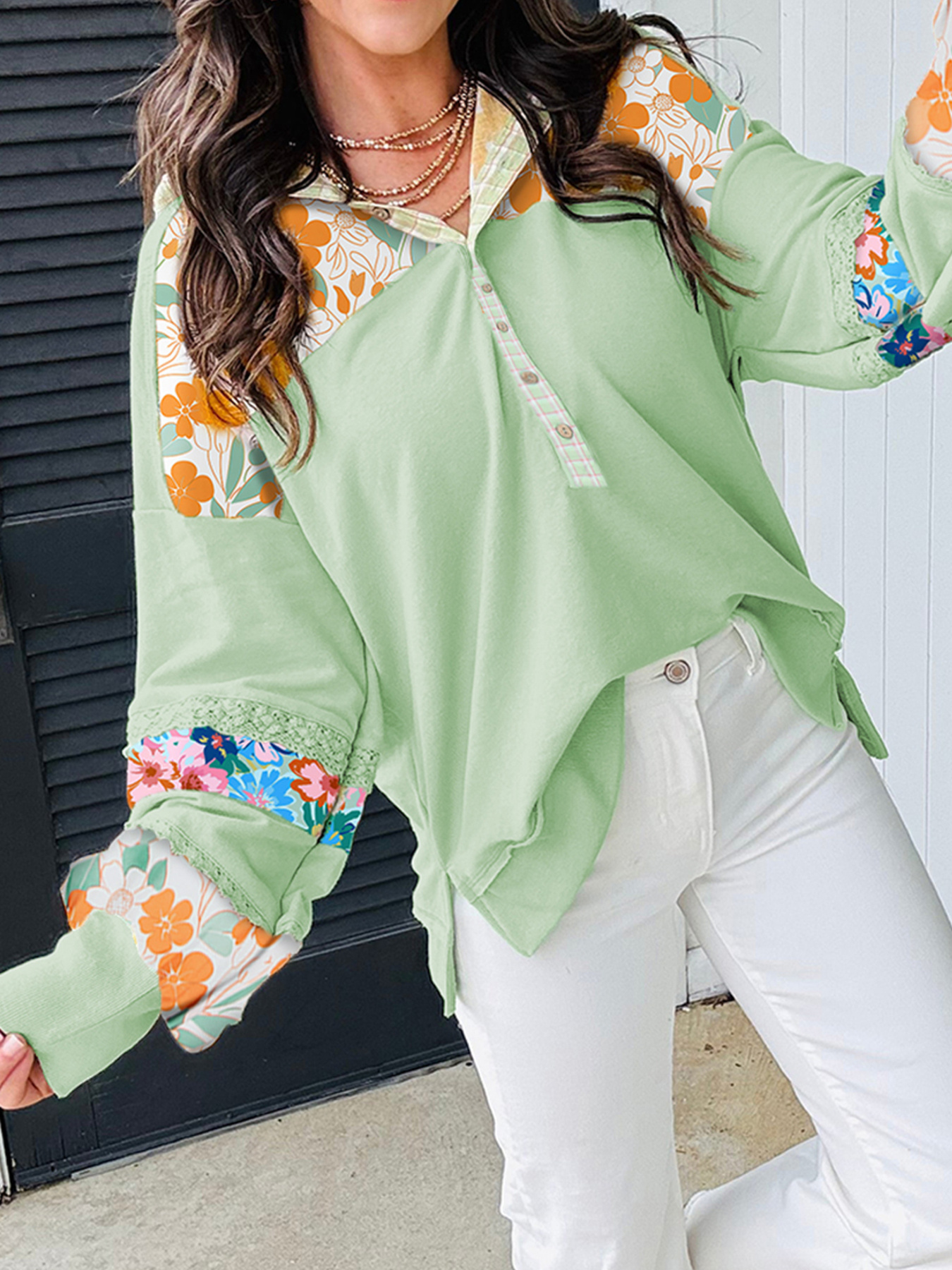 Lace Floral Patchwork Half Button Hooded Top
