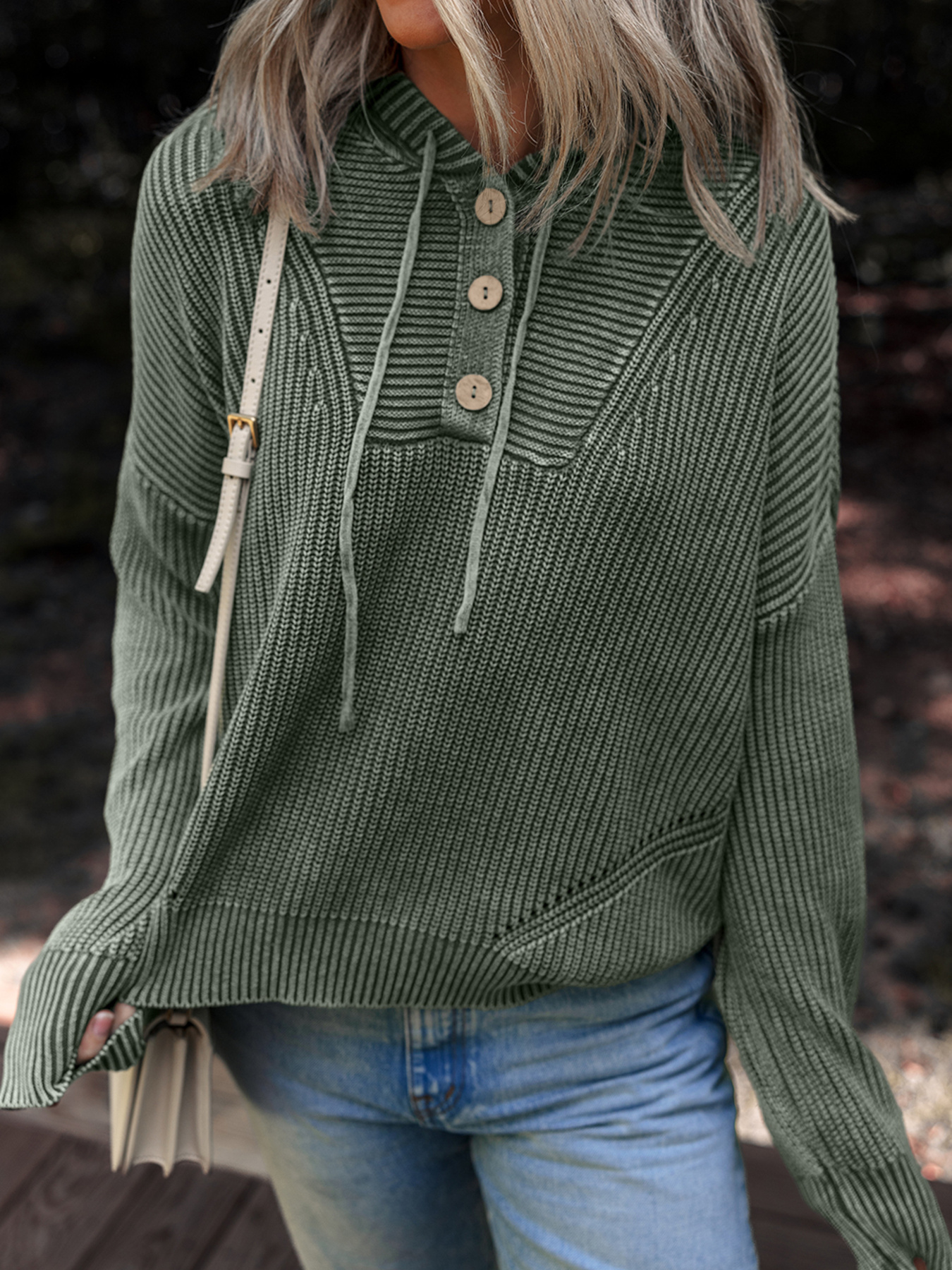 Mineral Wash Ribbed Knit Button Drawstring Neck Hooded Sweater