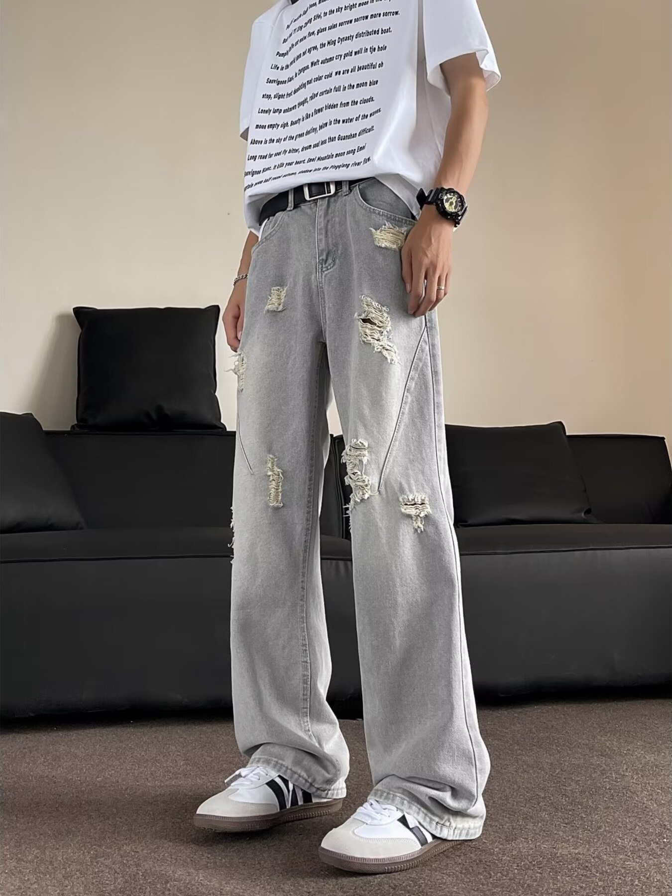 Men's Full Size Distressed Wide Leg Jeans Plus Size