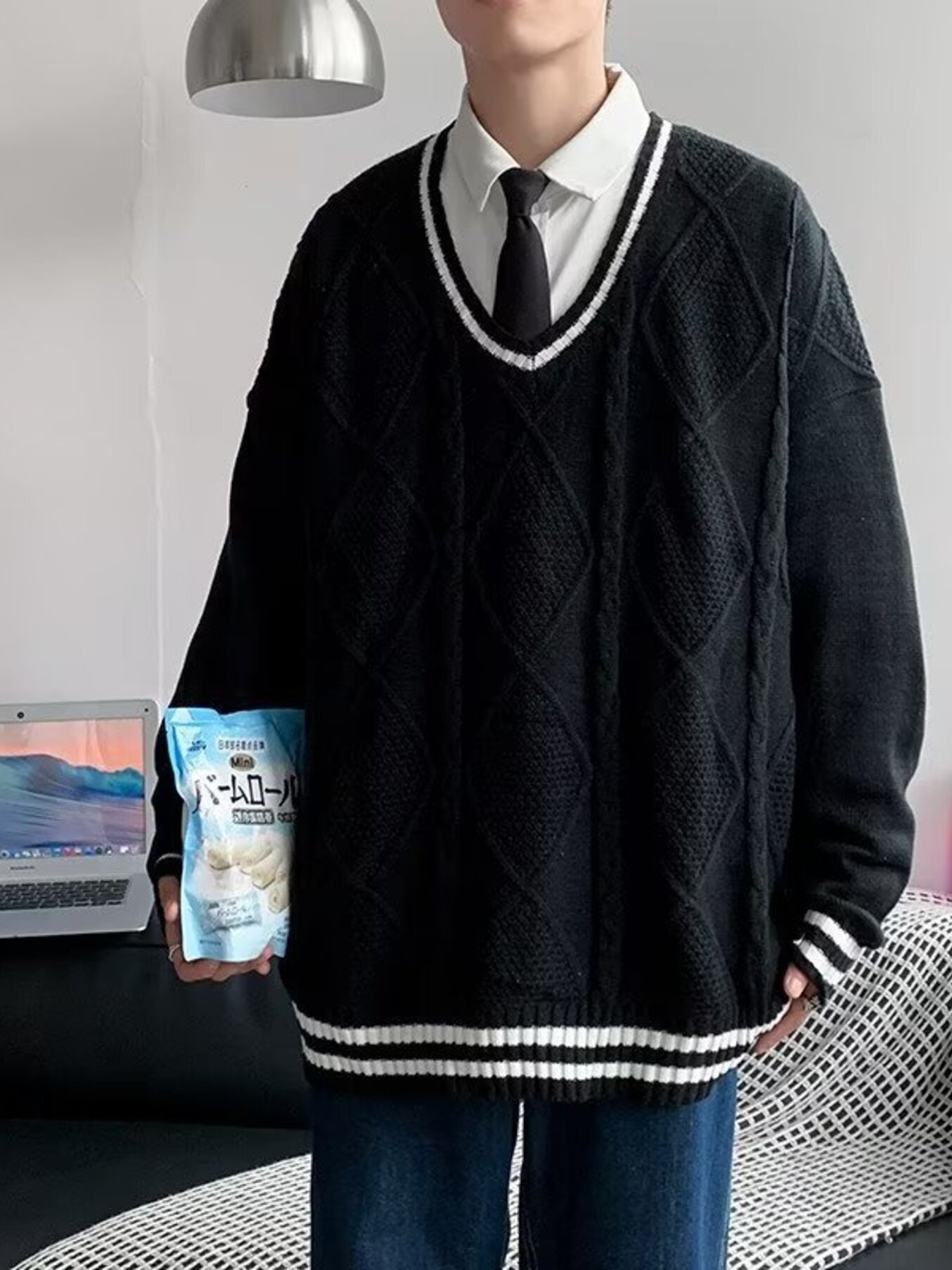 Men's Plus Size V-Neck Striped Trim Knitted Pullover