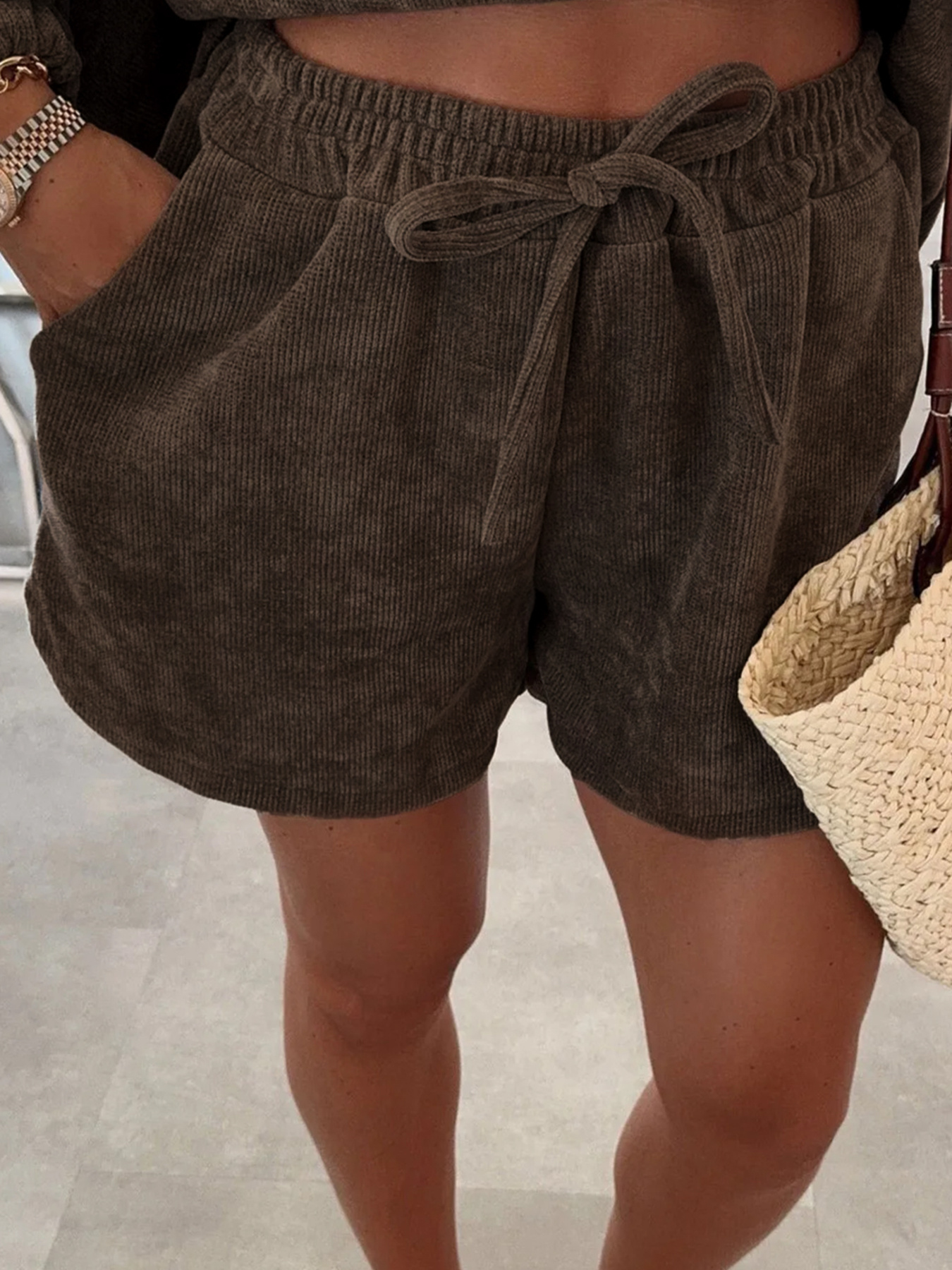 Casual Corduroy Long Sleeve Top and Drawstring Shorts Set