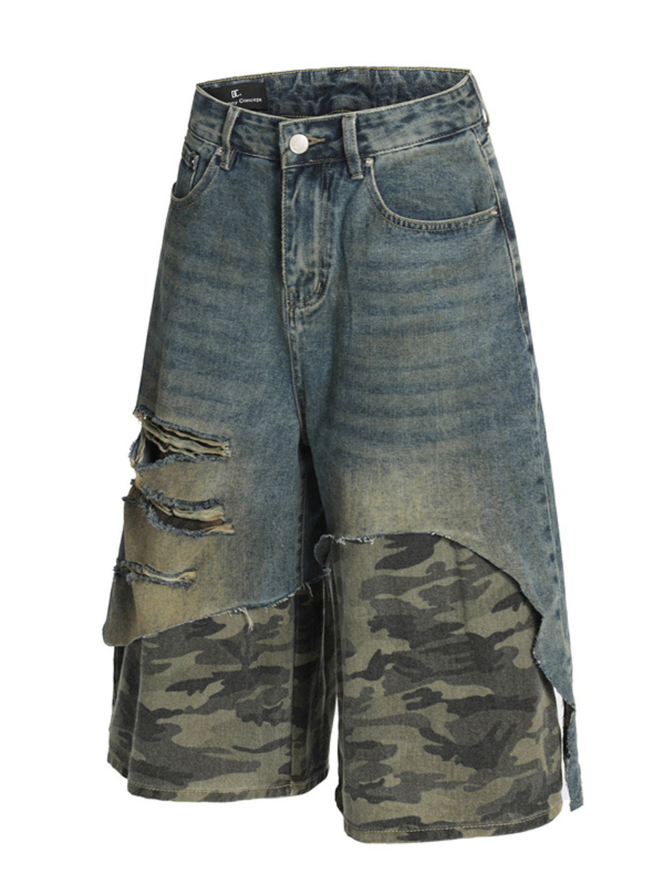 Men's Distressed Camouflage Patchwork Denim Shorts
