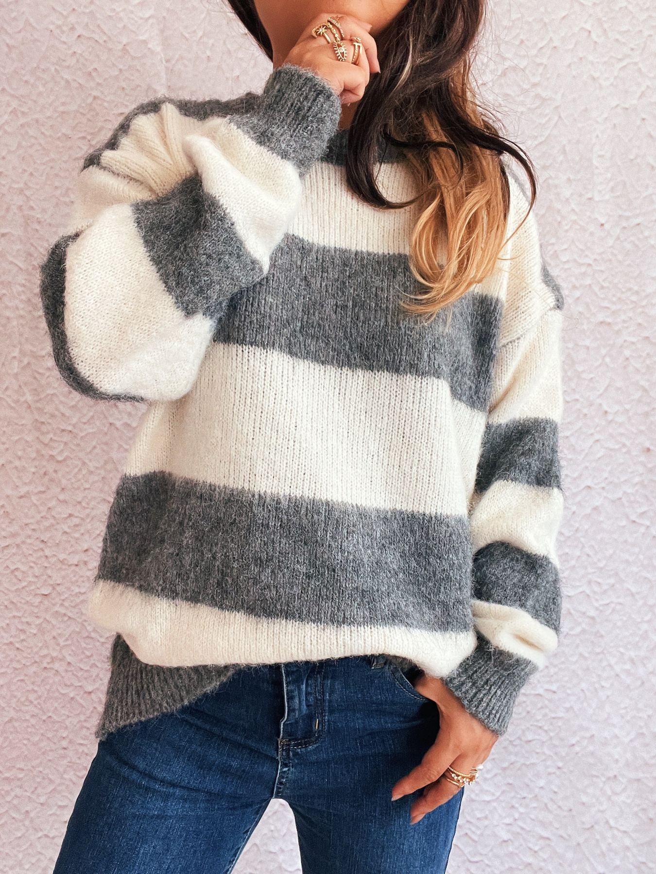 Striped Contrast Long Sleeve Sweater