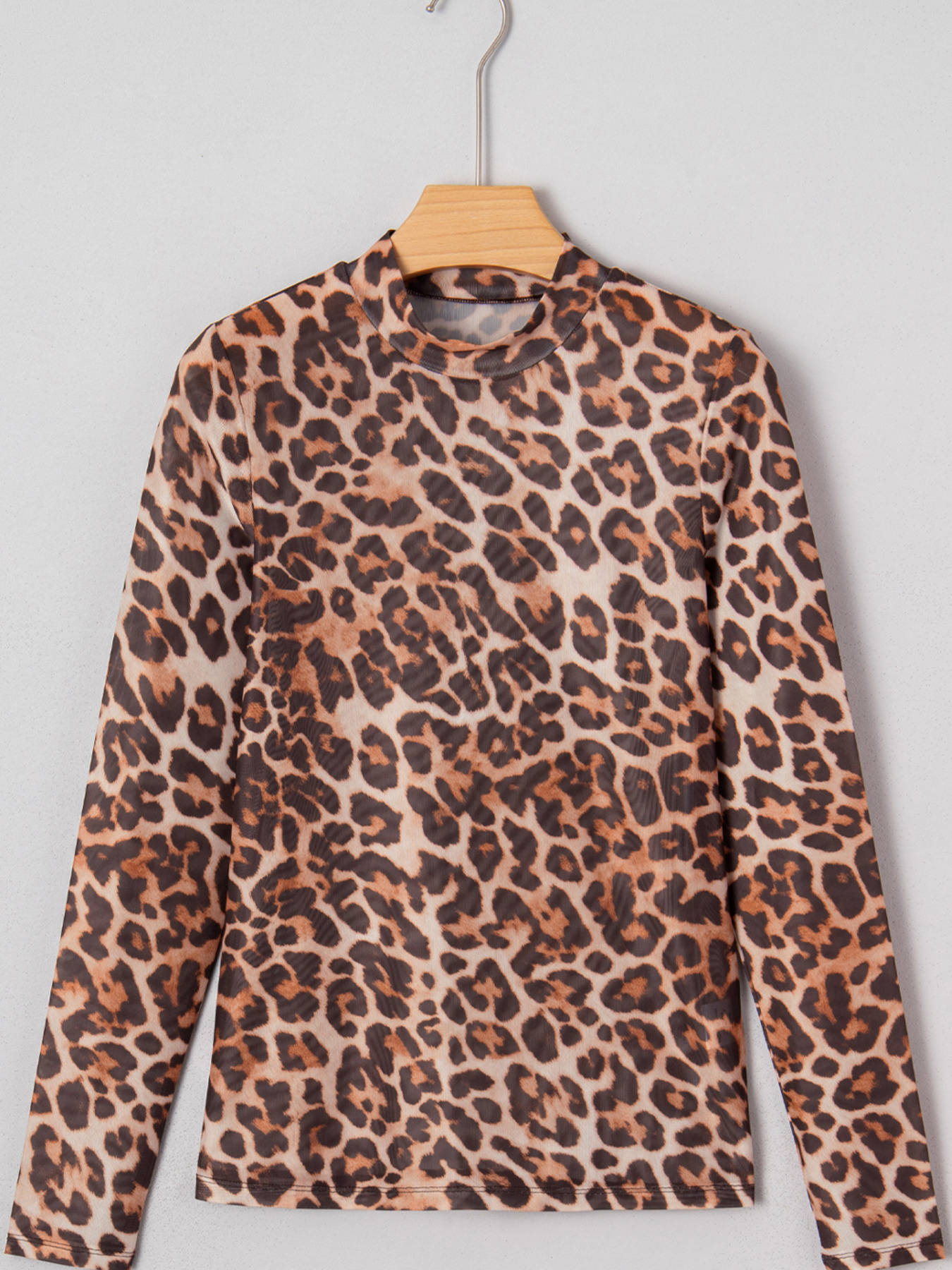 Leopard Mock Neck Long Sleeve Mesh Top