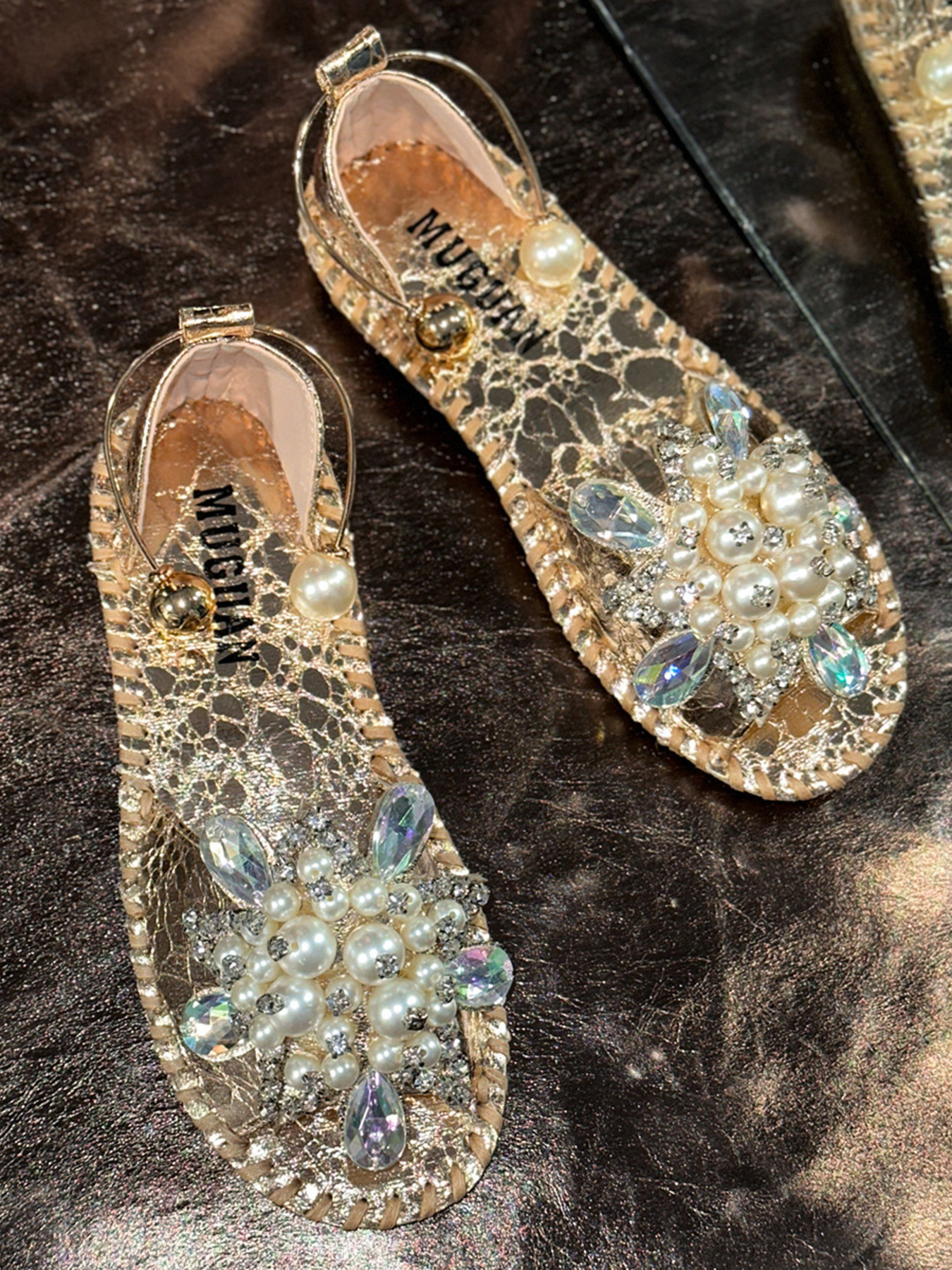 Pearl Crystal Embellished Flat Sandals